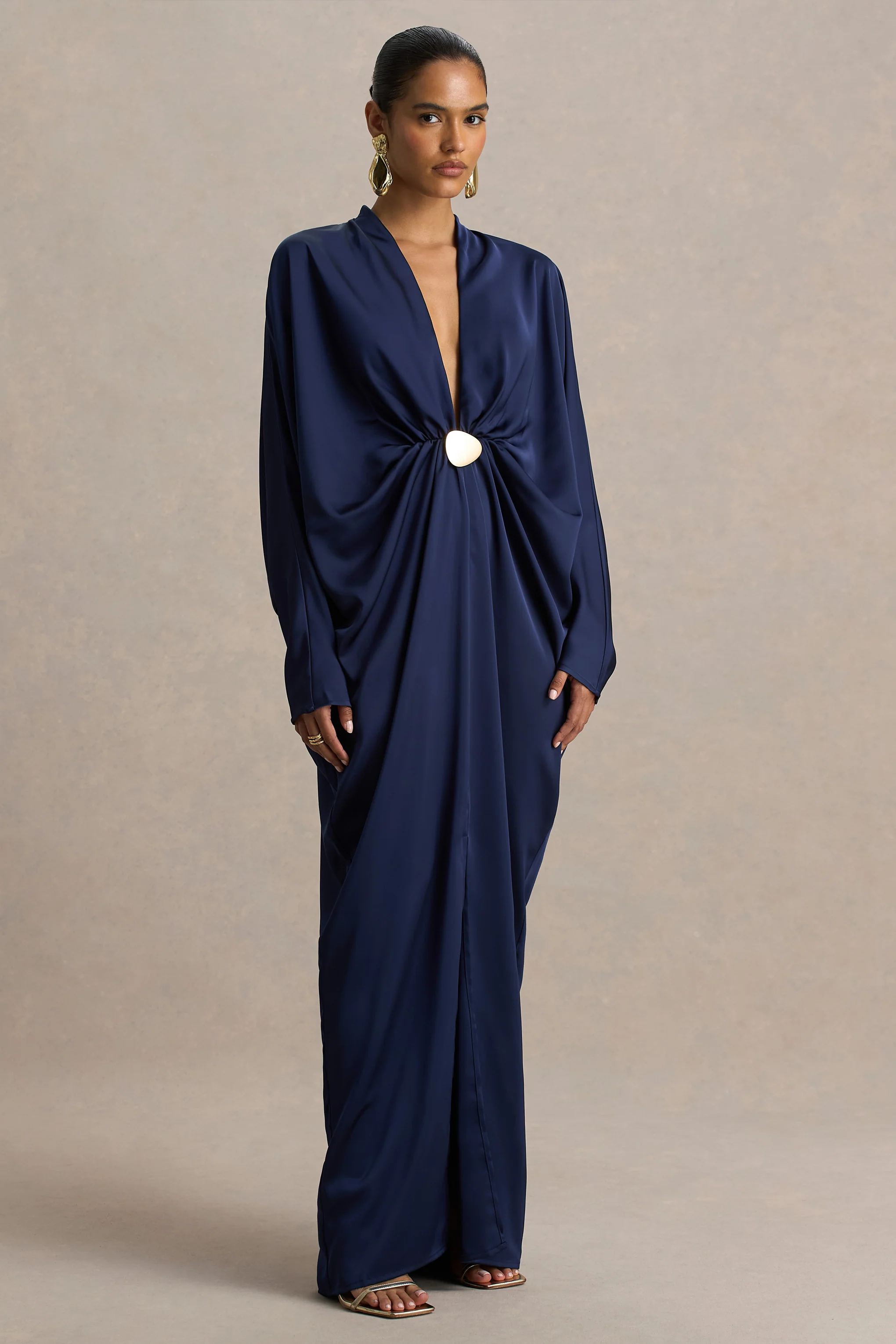 Tina | Navy Satin Plunge-Neck Embellished Maxi Dress
