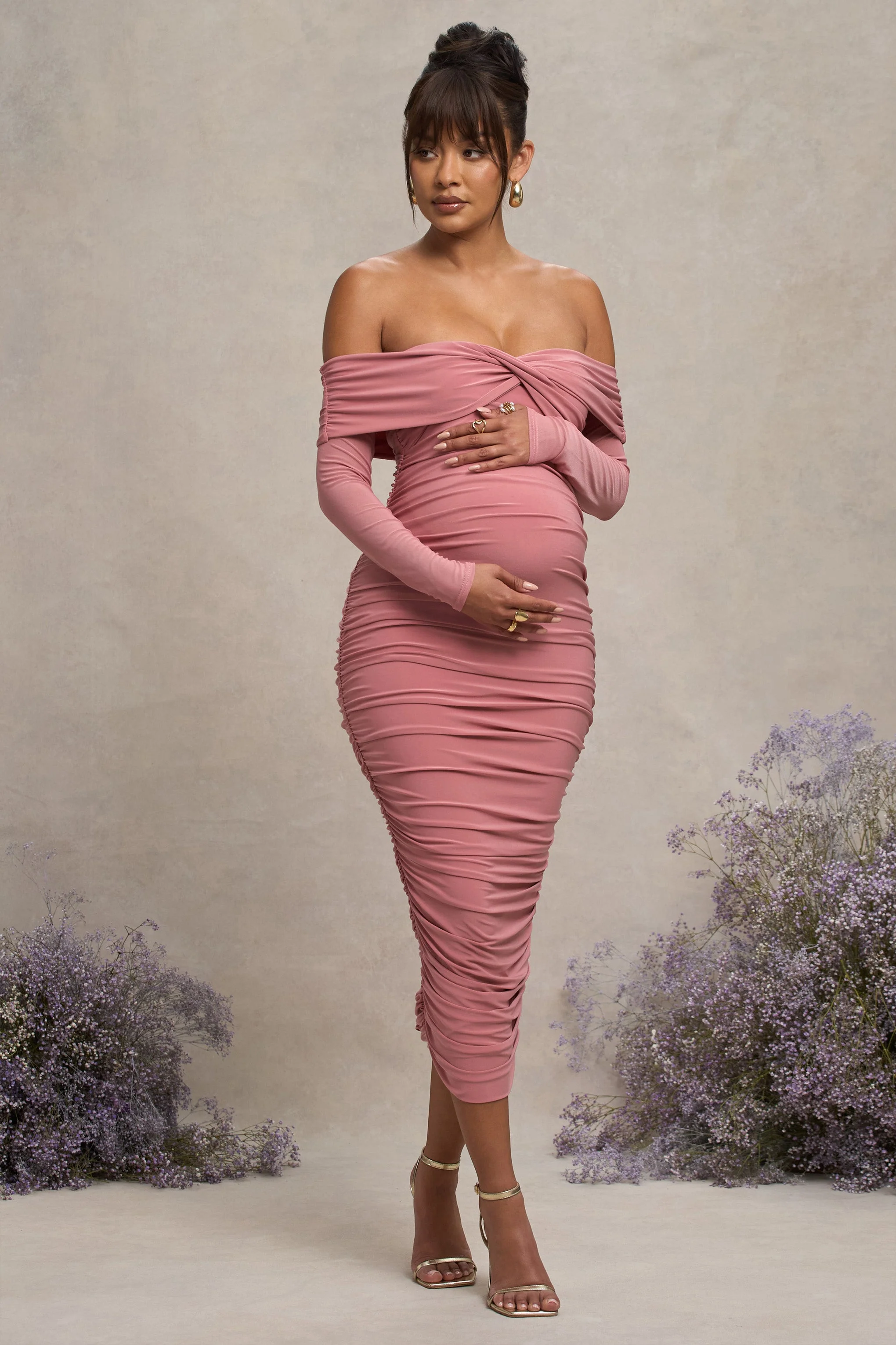 Neva | Blush Bardot Twist Maternity Midi Dress