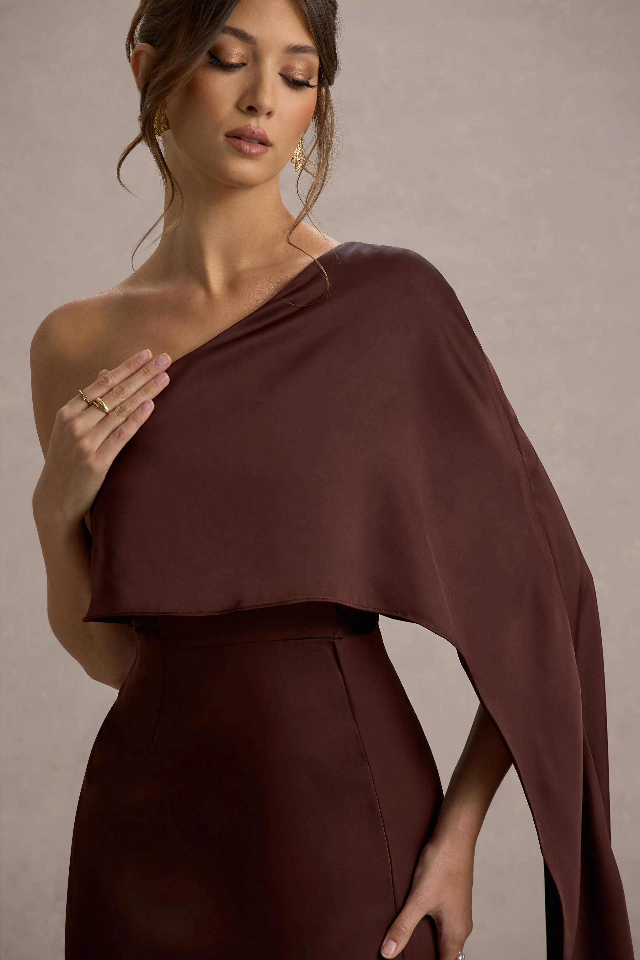 Amora | Brown Satin Asymmetric Cape-Sleeve Split Maxi Dress