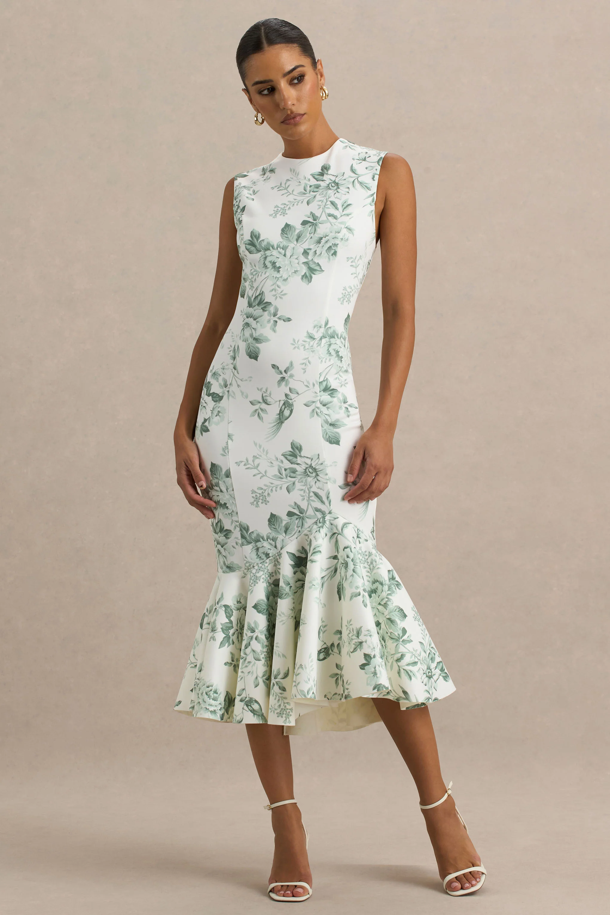 Priceless | Green Porcelain Print Print High-Neck Fishtail Midi Dress