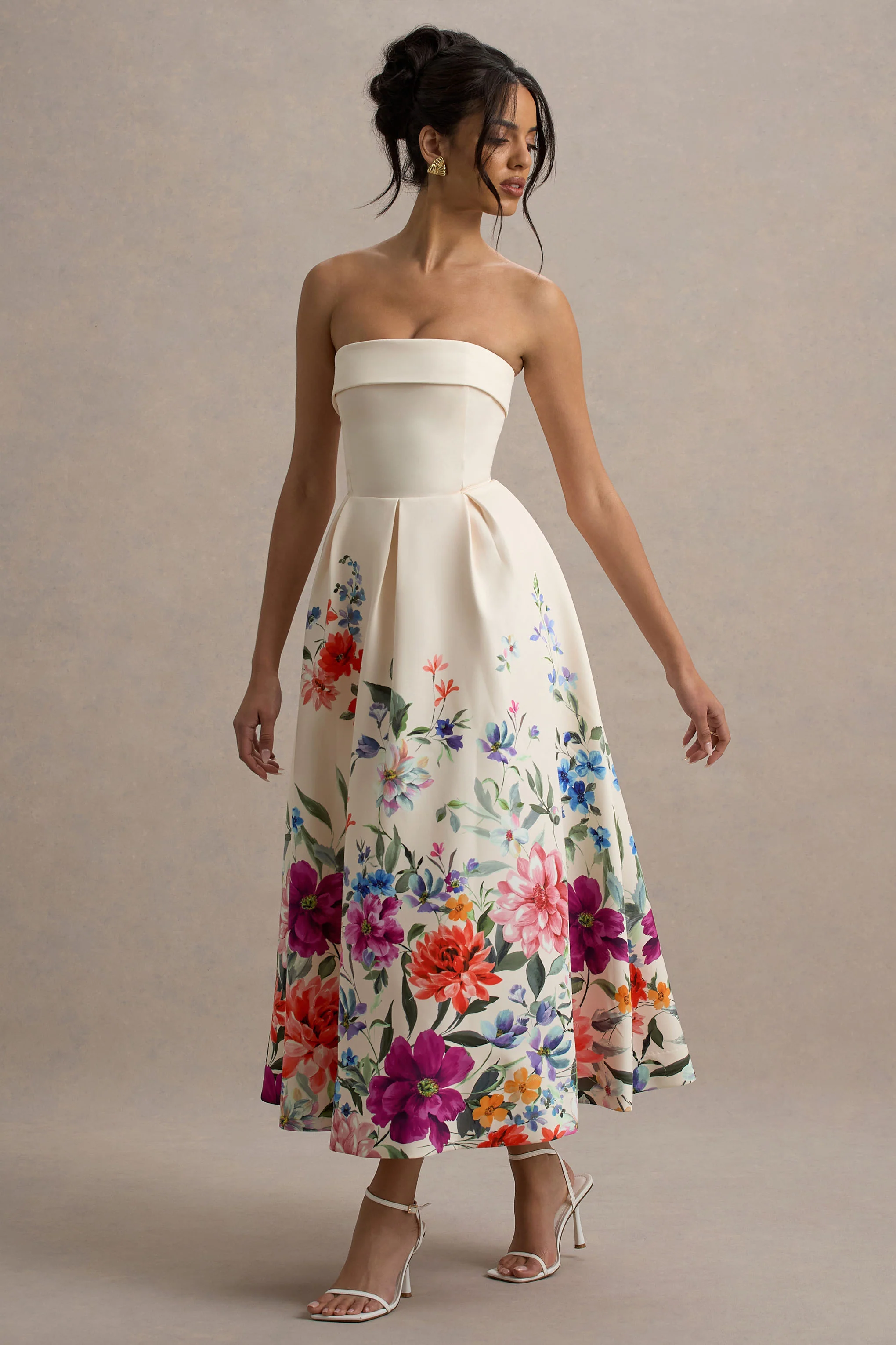 Annalise | Light Pink Floral Print Bandeau Skater Midi Dress