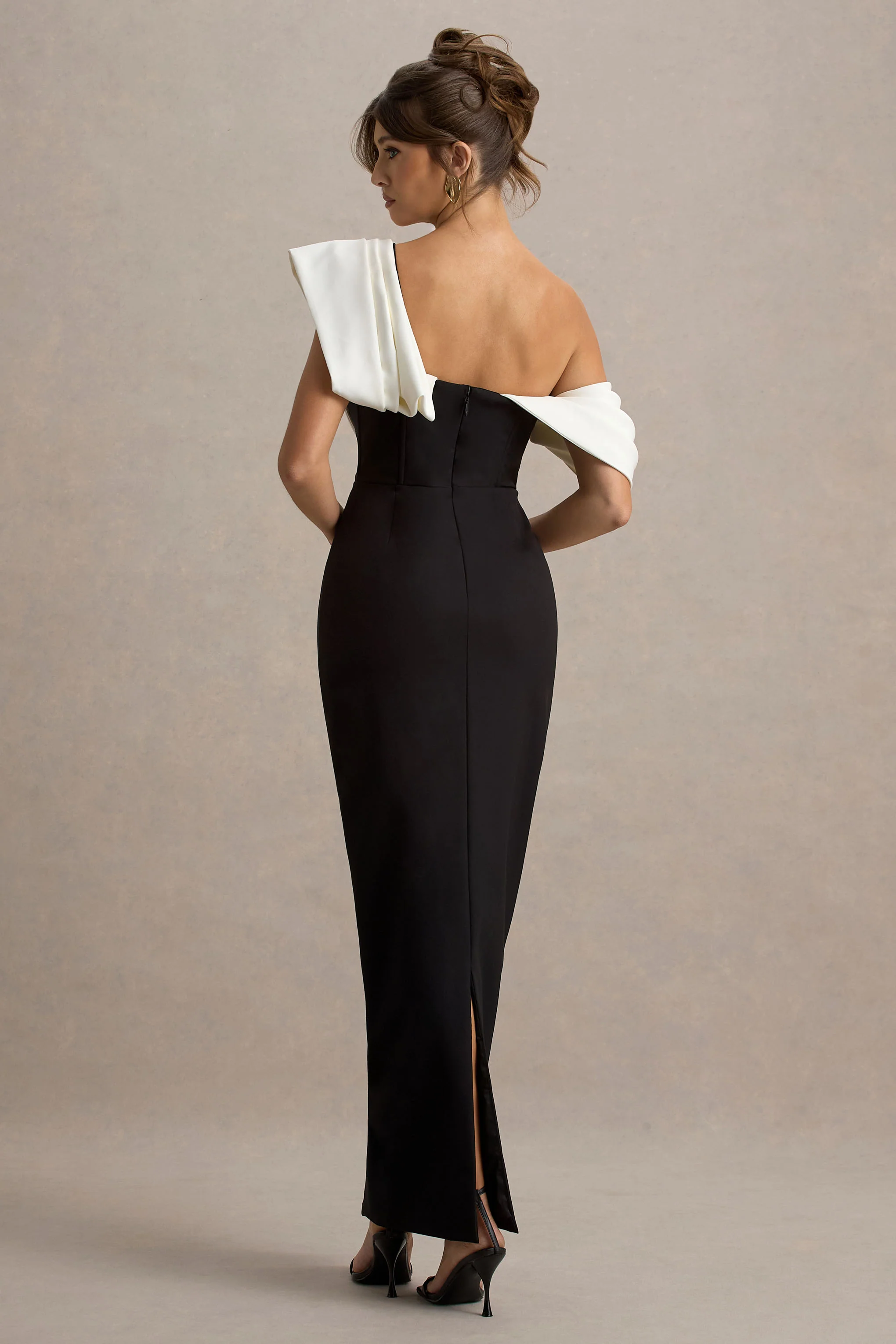 Angelina | Black & White Draped Shoulder Maxi Dress