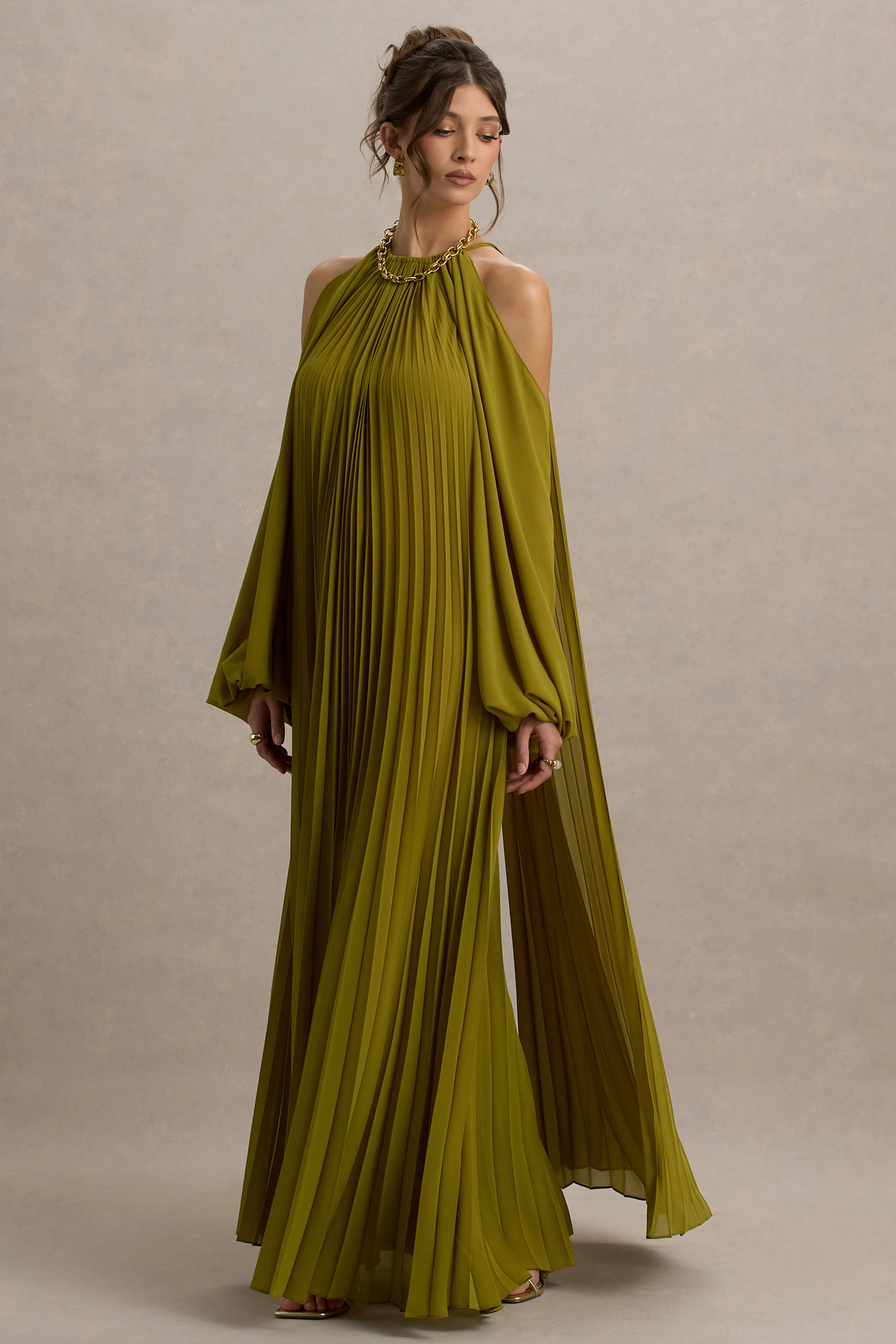 Reyna | Olive Pleated Chiffon Cold-Shoulder Maxi Dress