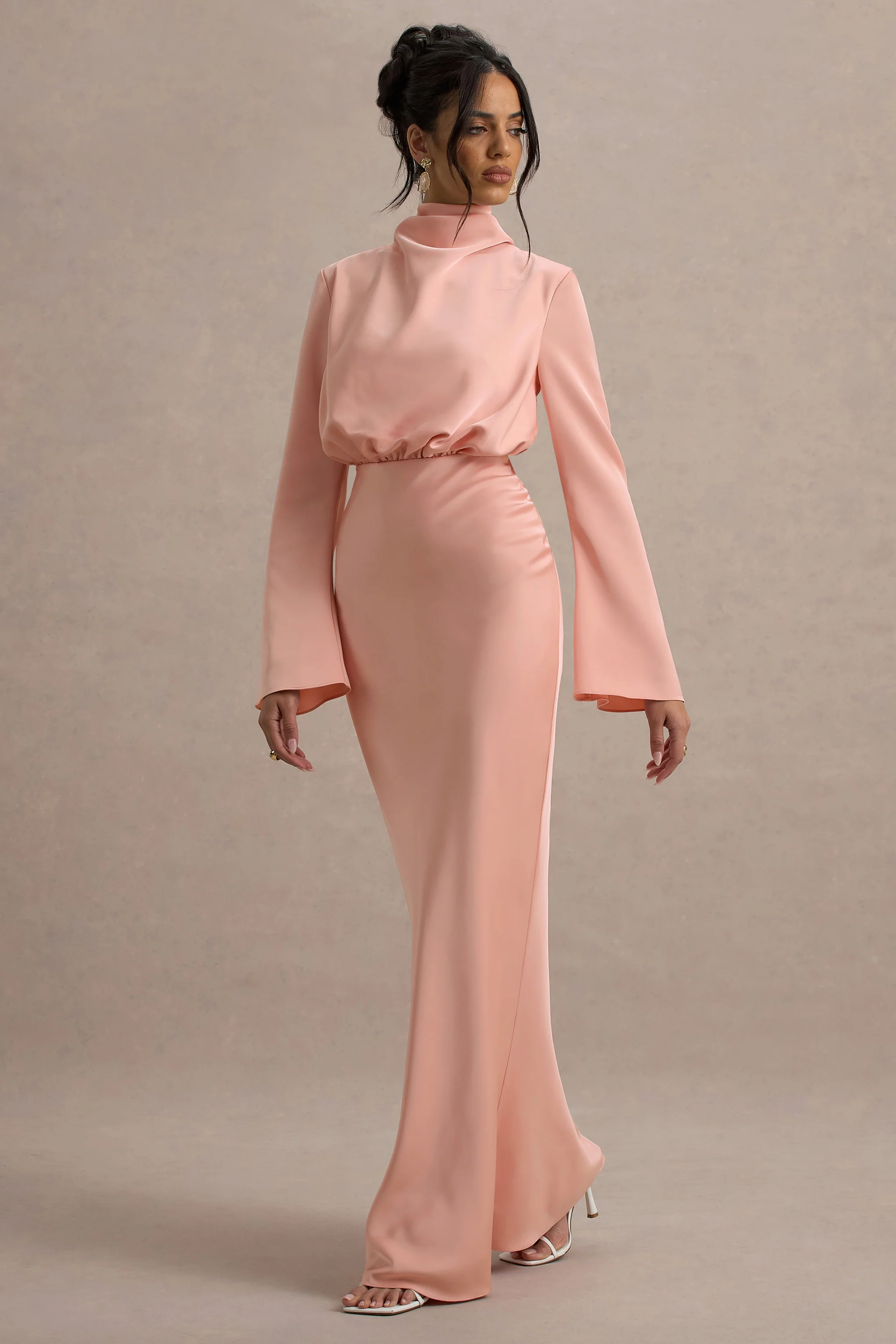 Celina | Light Pink Satin High-Neck Maxi Dress