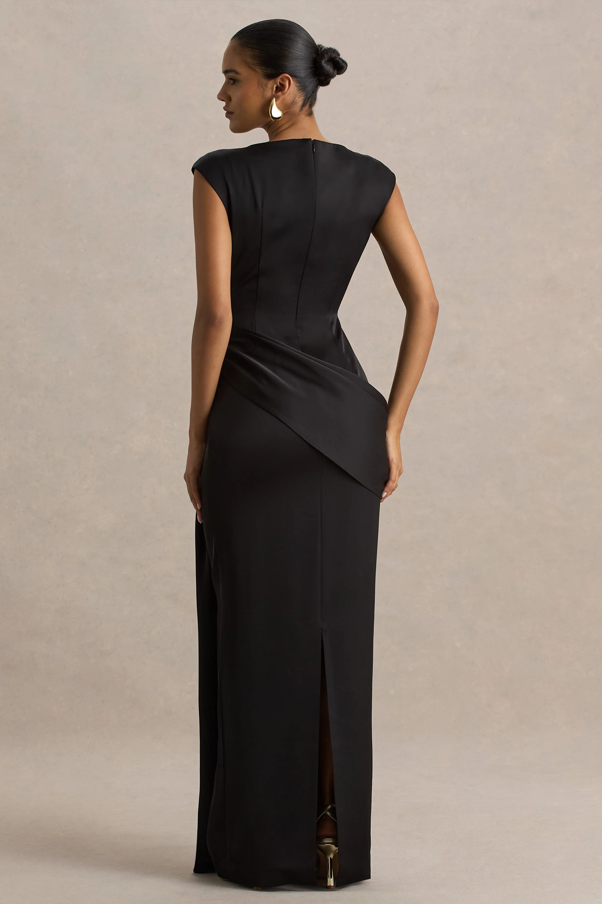 Influence | Black Satin Slashed-Neck Maxi Dress With Embellished and Ruched Details