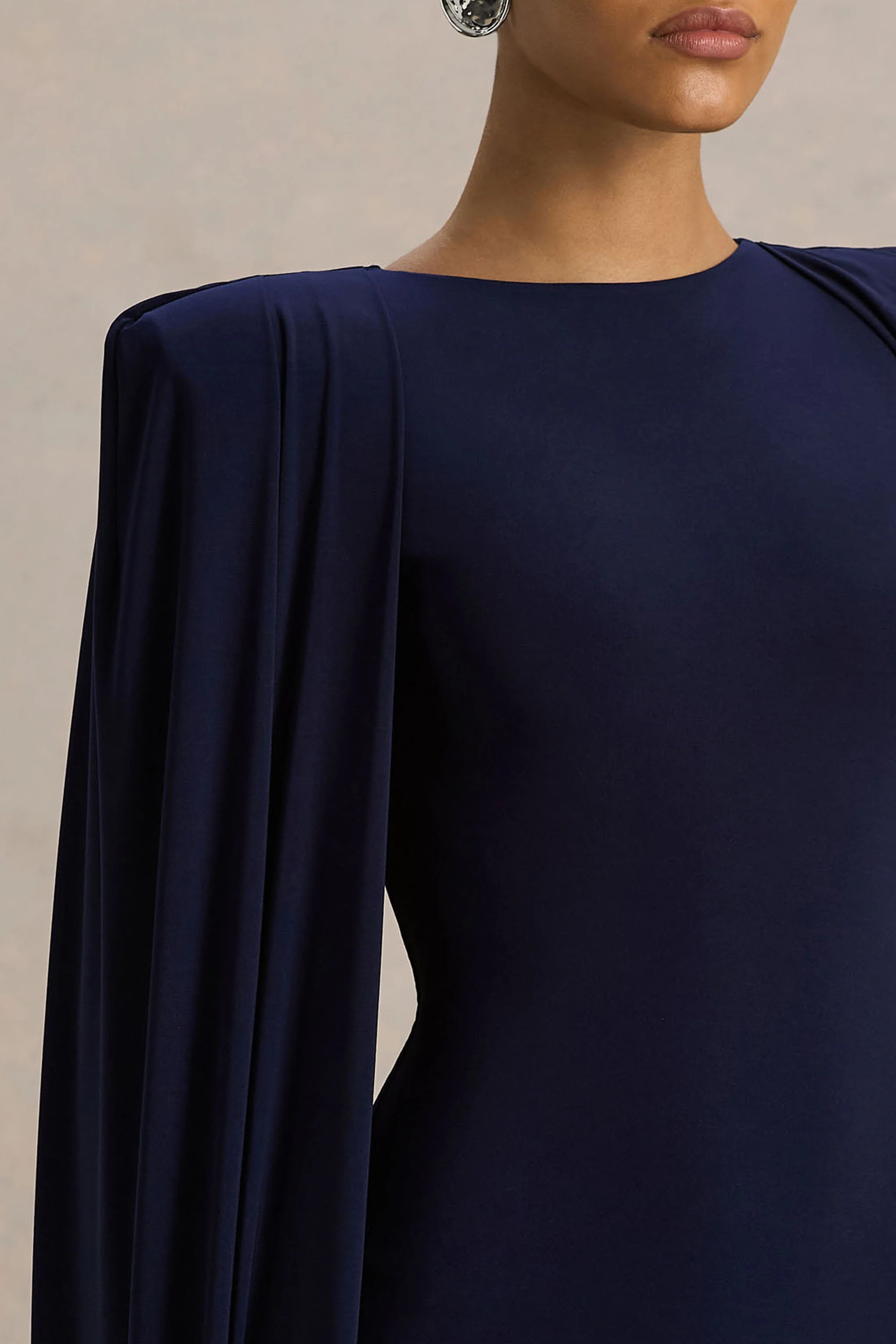 Mimi | Navy High-Neck Maxi Dress With Cape Sleeve Detail