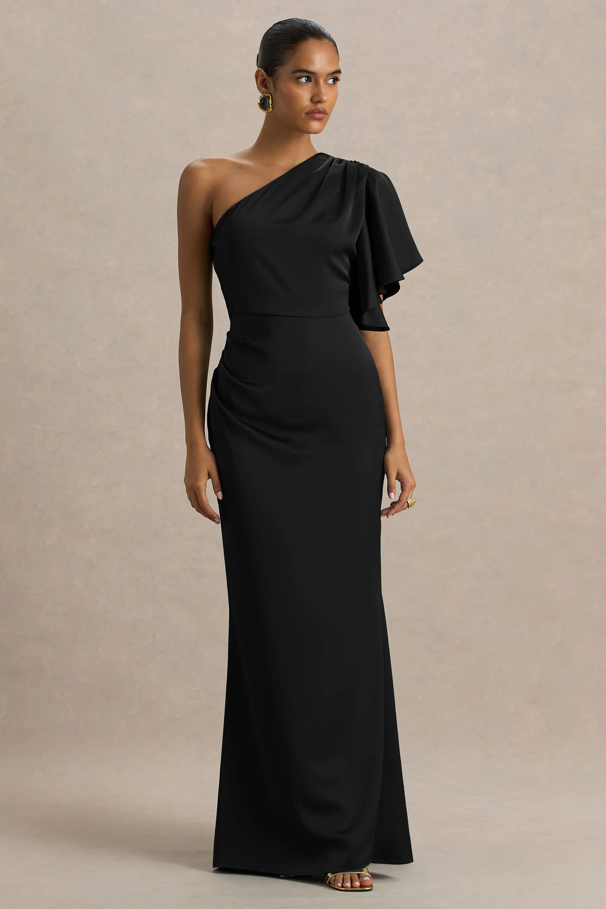 Unforgettable | Black Asymmetric-Neck Maxi Dress With Ruched Detailing