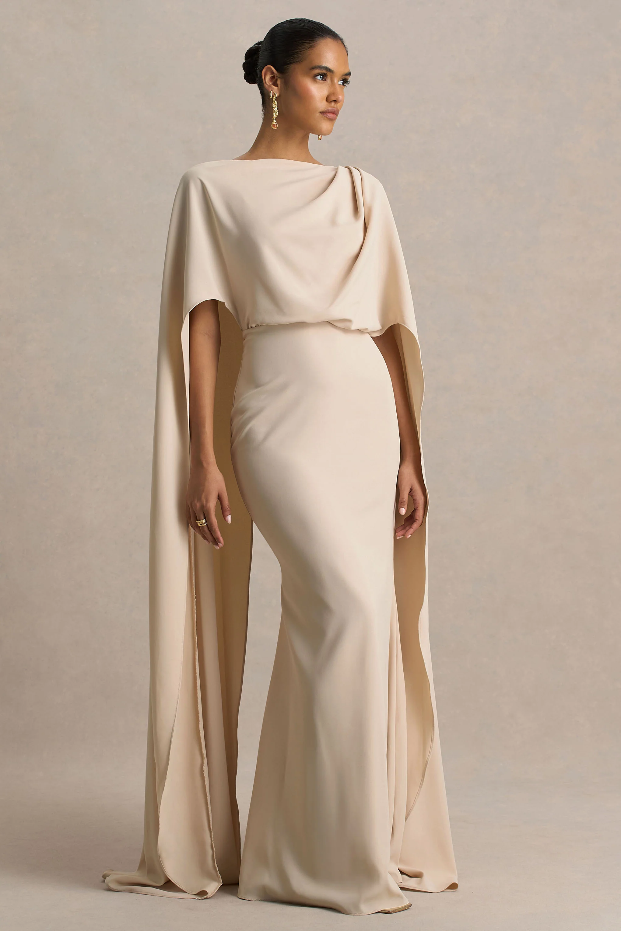 Pristina | Sand Boat-Neck Woven Maxi Dress With Cape Detail