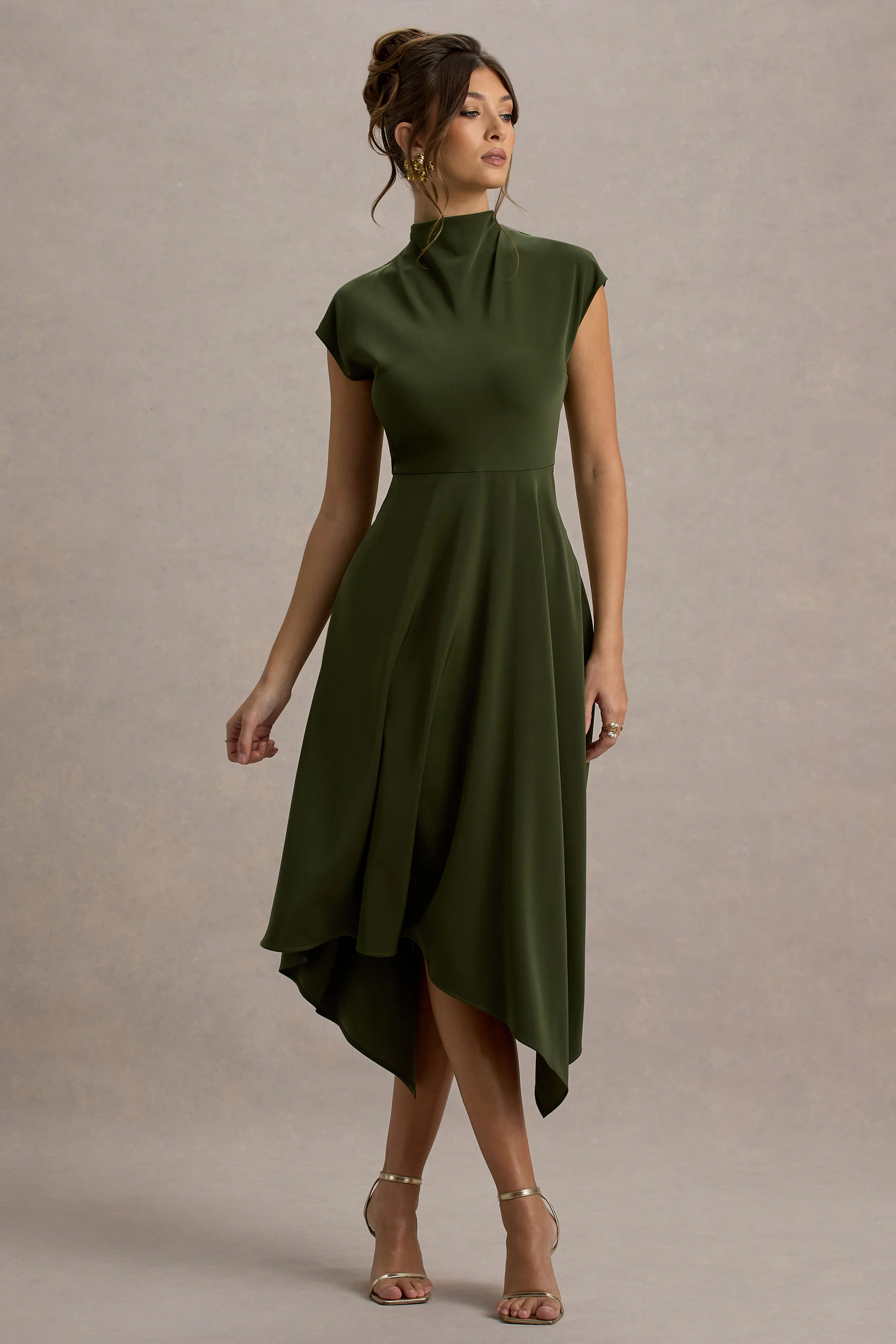 Velma | Olive Satin Midi Dress With Draped Hem