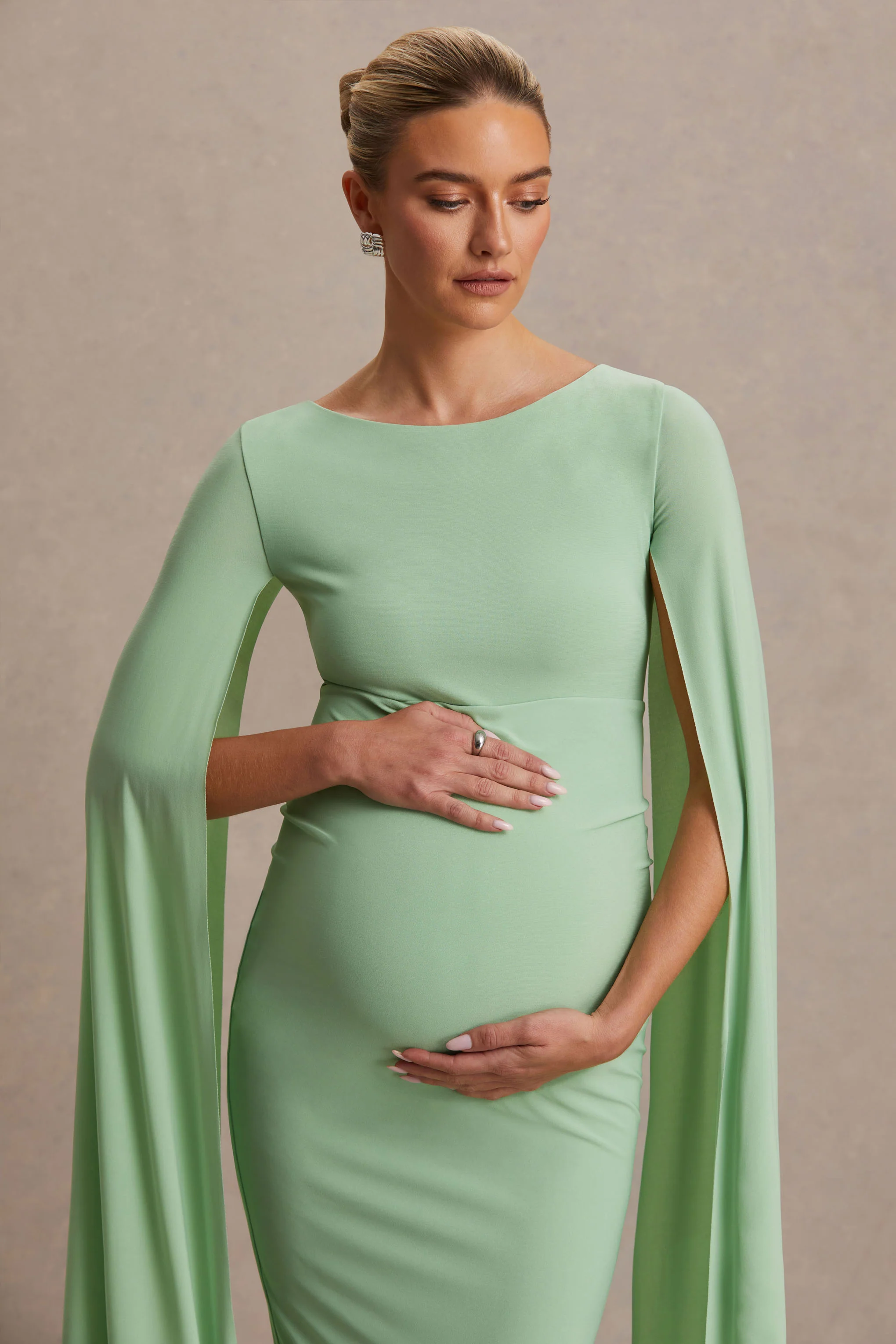 Providence | Light Green High-Neck Maternity Midi Dress With Cape Sleeves