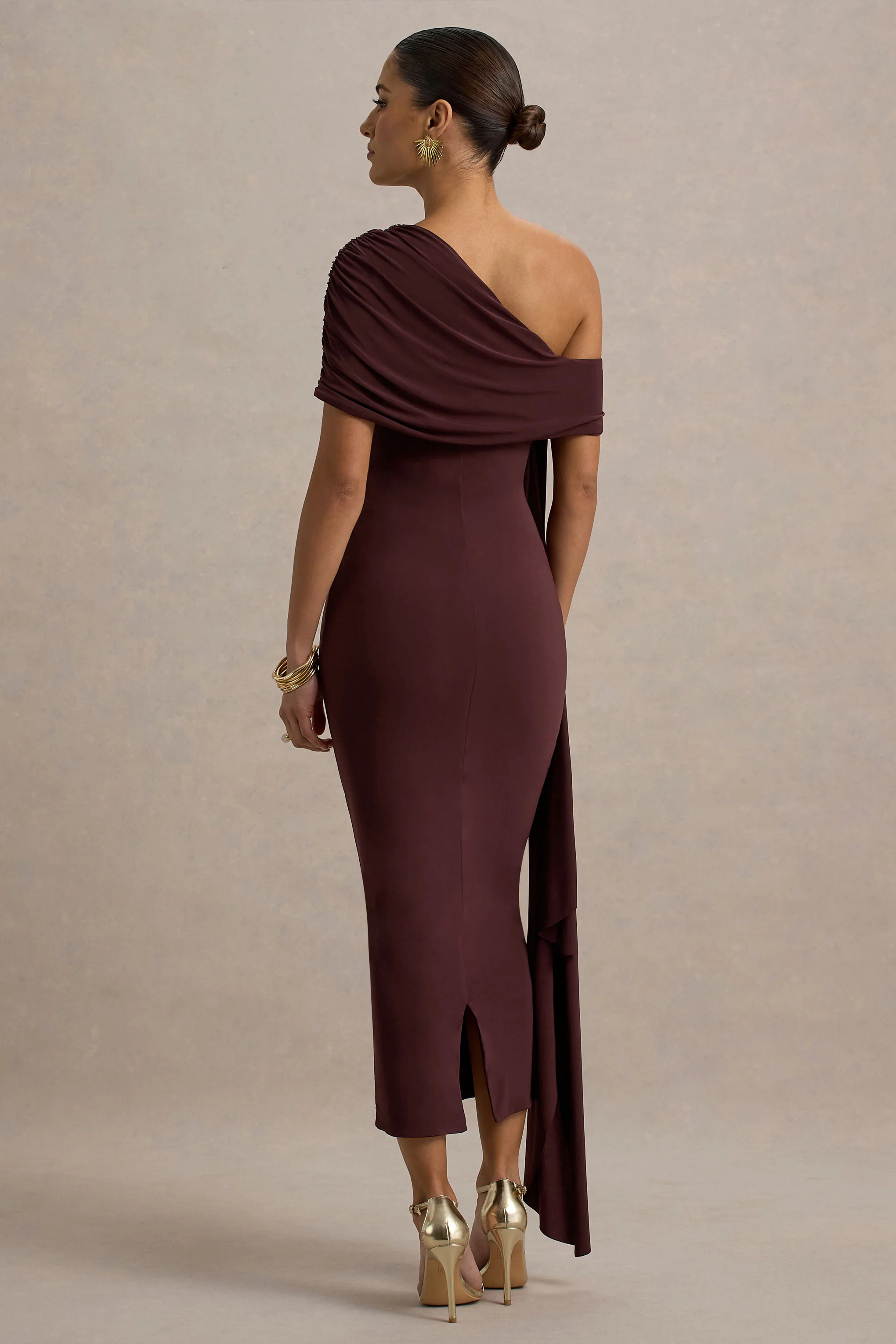 Praia | Burgundy Asymmetric-Neck Midi Dress With Sash and Draped Detailing