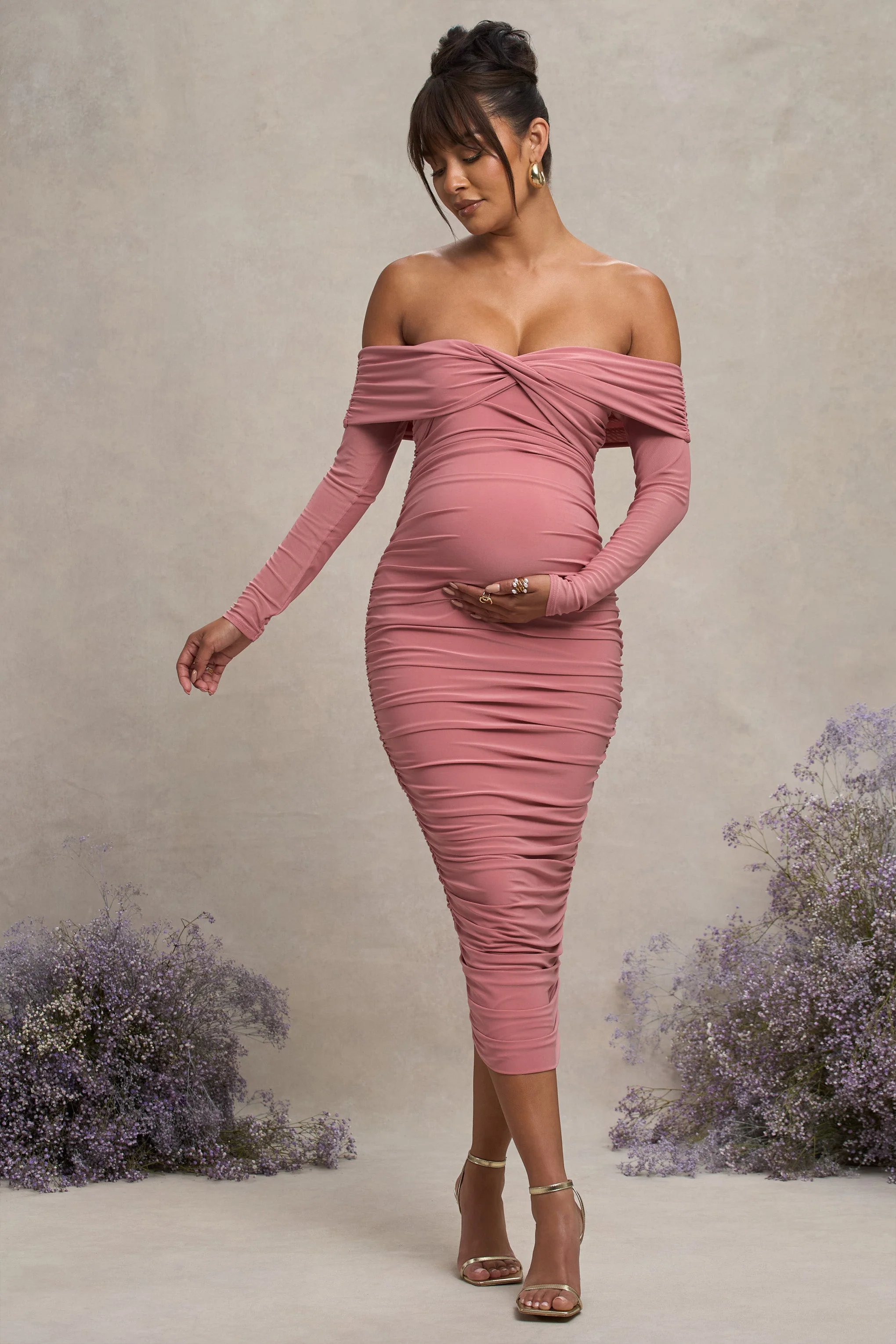 Neva | Blush Bardot Twist Maternity Midi Dress