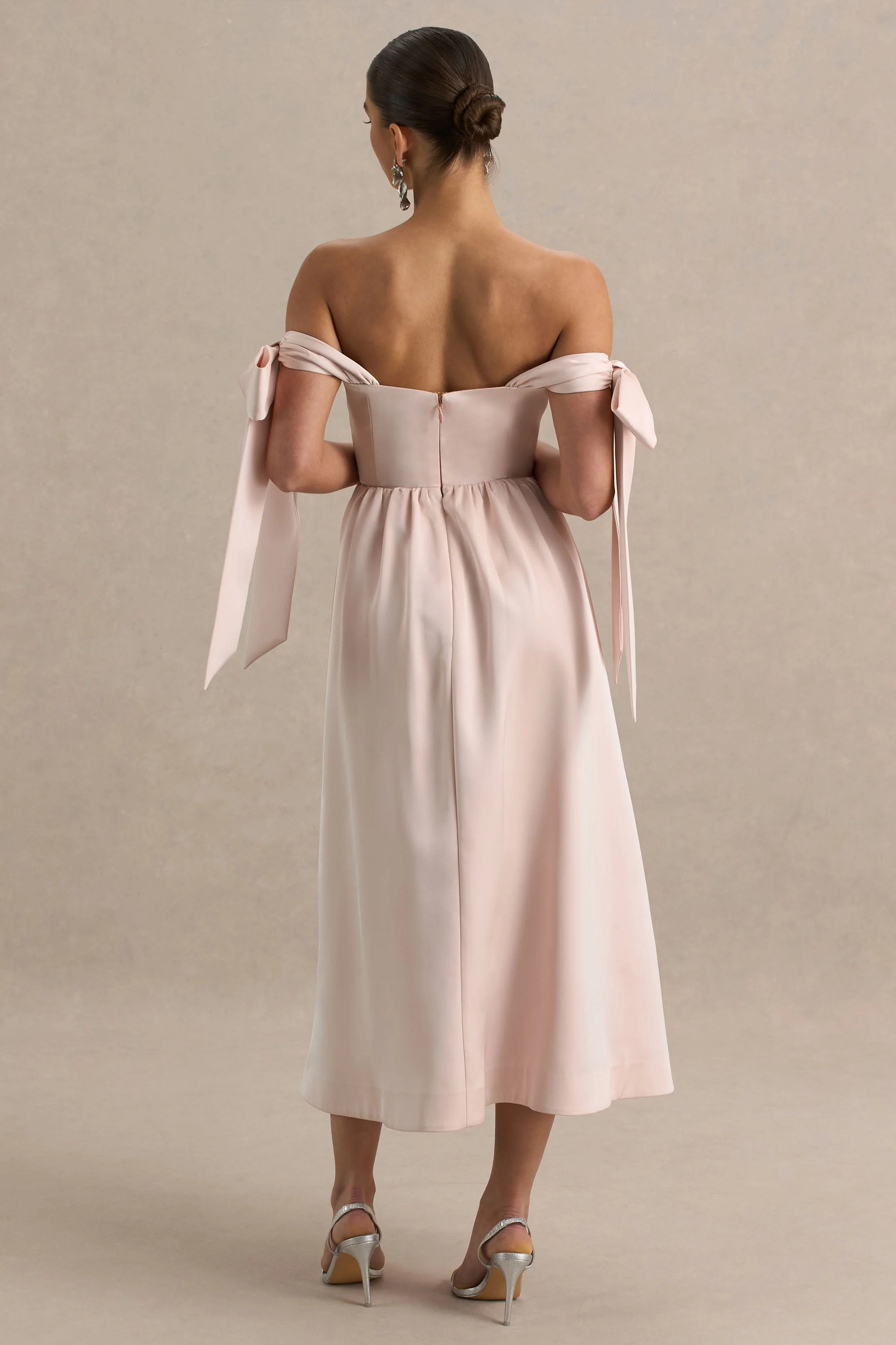 Agafay | Rose Pink Satin Short-Sleeve Bardot Wrap Midi Dress With Bow Detail