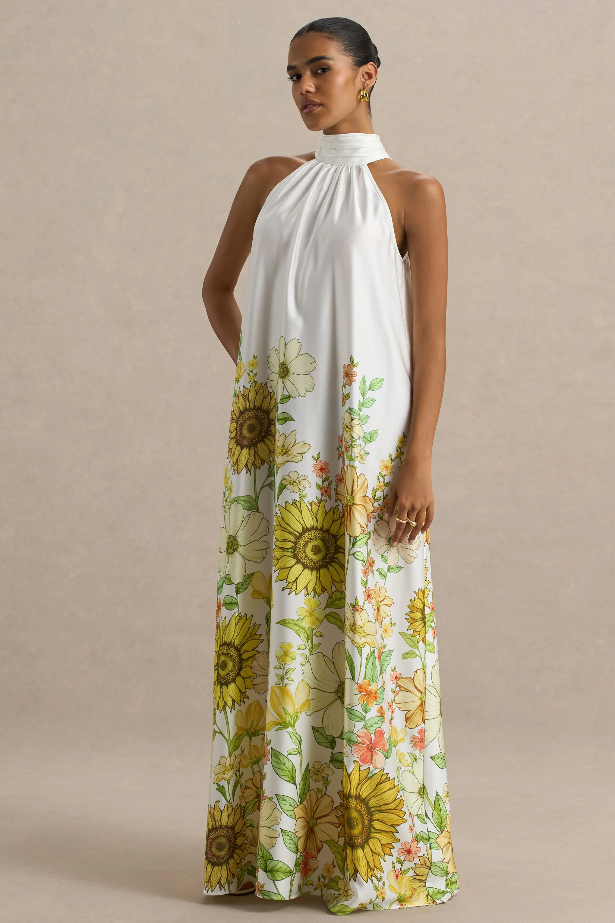Glide | Sunflower Print Satin High-Neck Slip Maxi Dress