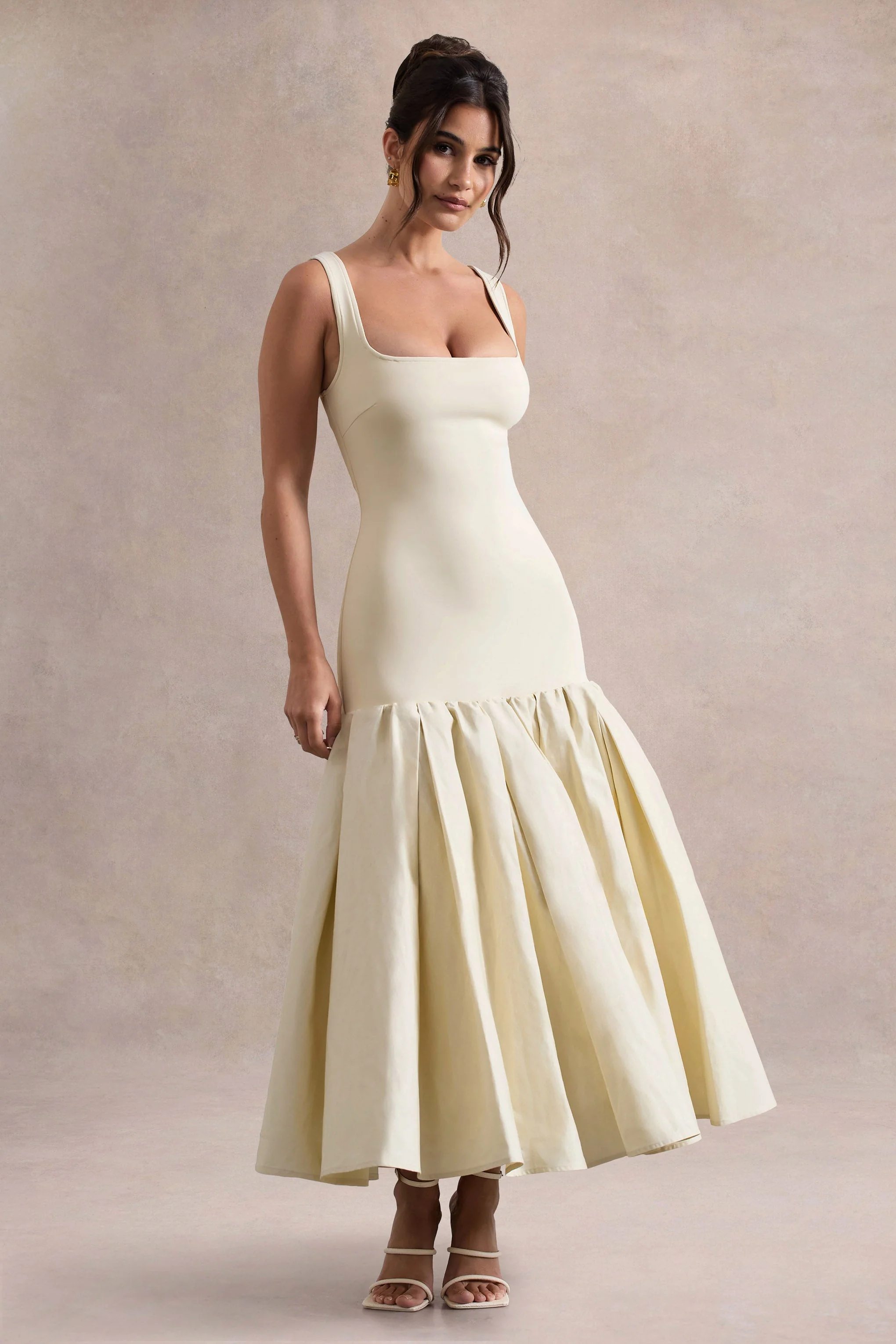 Parida | Cream Poplin Drop-Waist Midi Dress With Peplum Hem