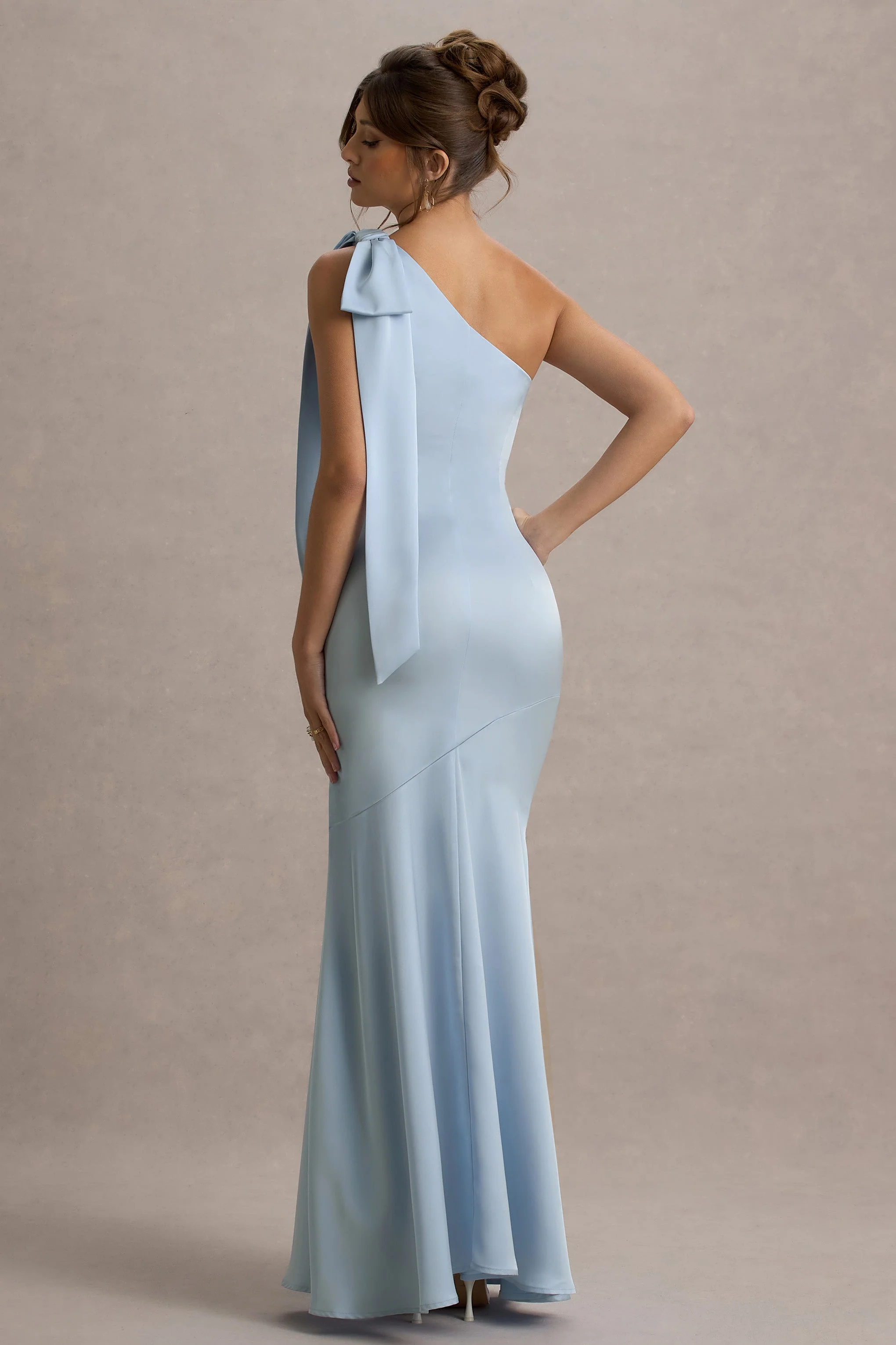 Here For Love | Powder Blue Satin Asymmetric Maxi Dress With Bow
