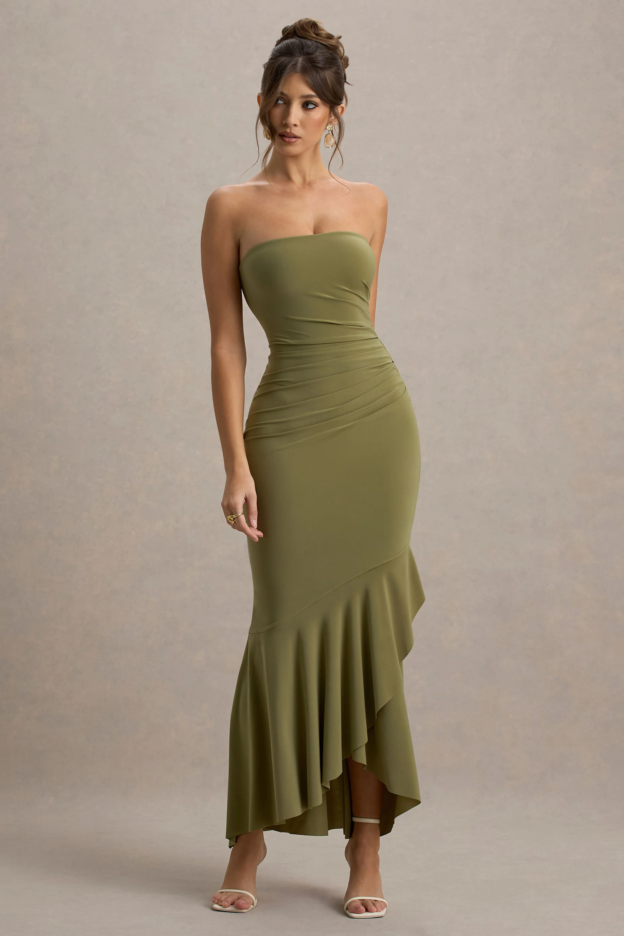 Capria | Olive Green Bandeau Wrap Maxi Dress