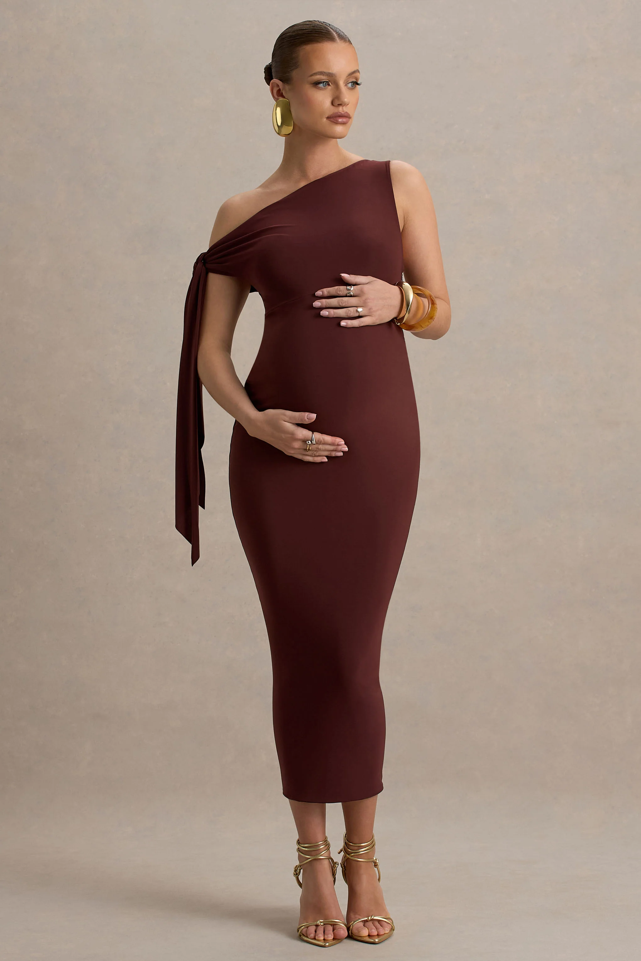 Katarine | Brown Asymmetric Knot Maternity Midi Dress