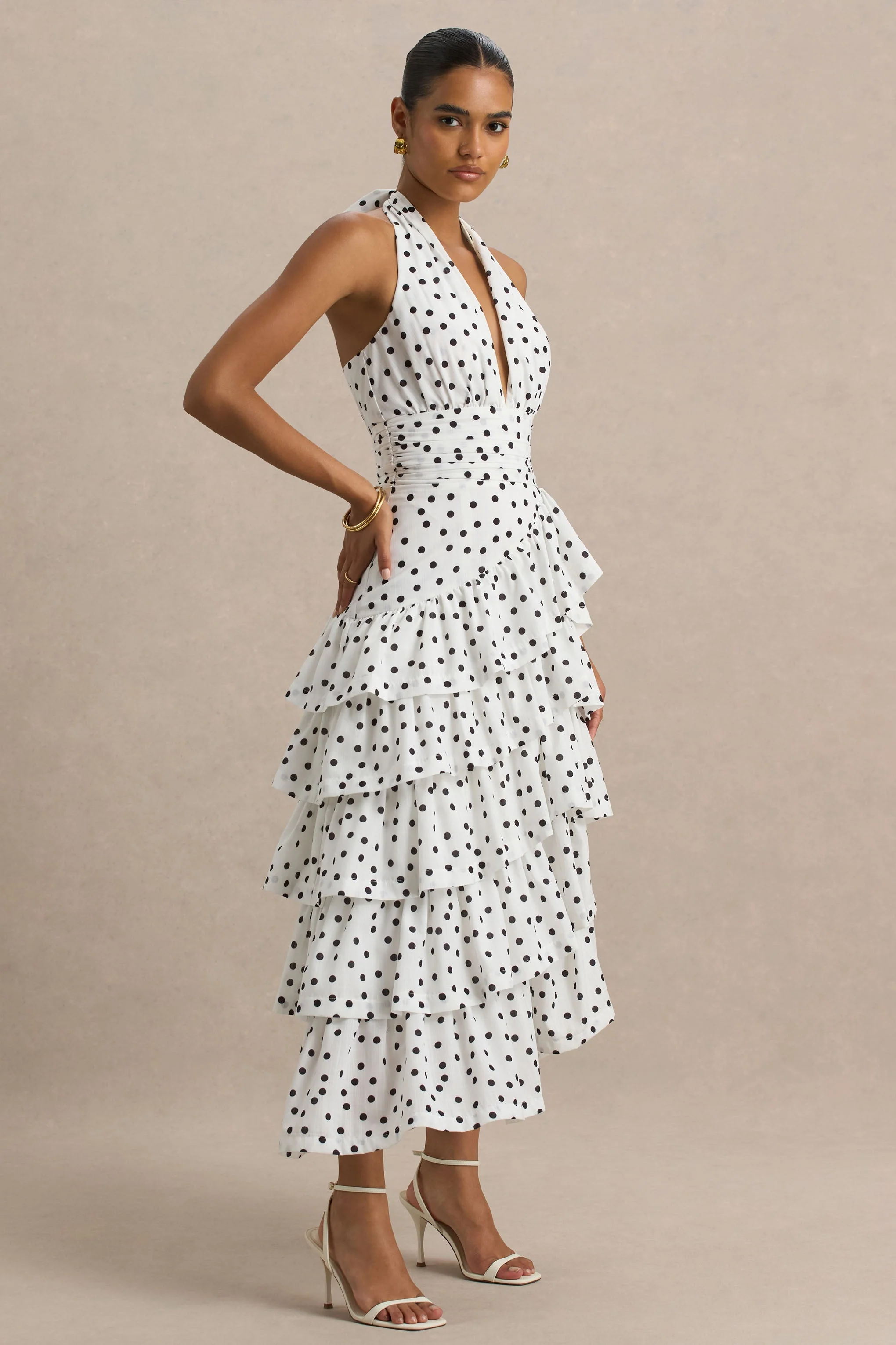 Violet | White Polka Dot Midi Dress With Halter-Neck and Ruffled Skirt