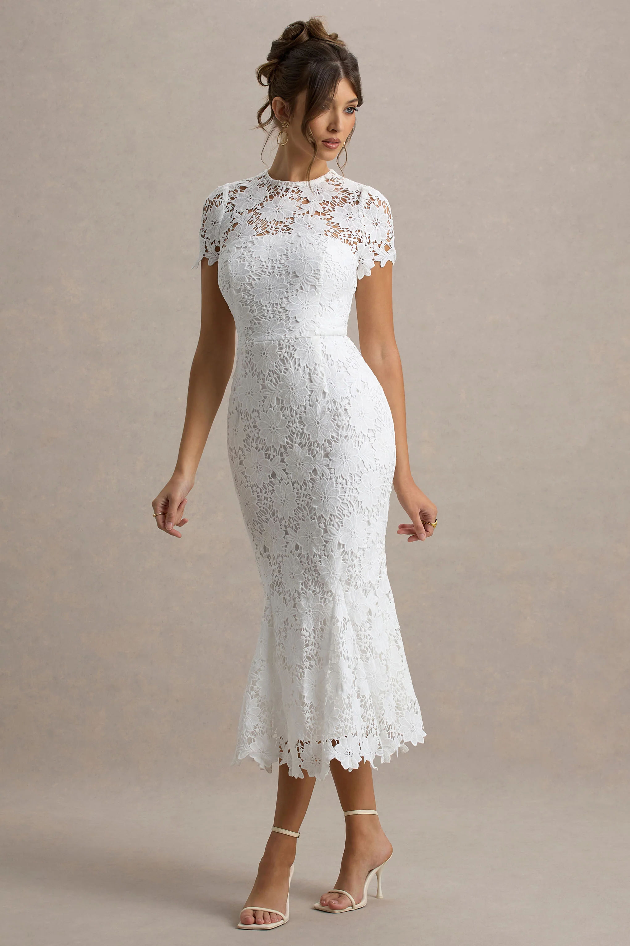 Clarissa | White Lace Short-Sleeve Pleated Midi Dress