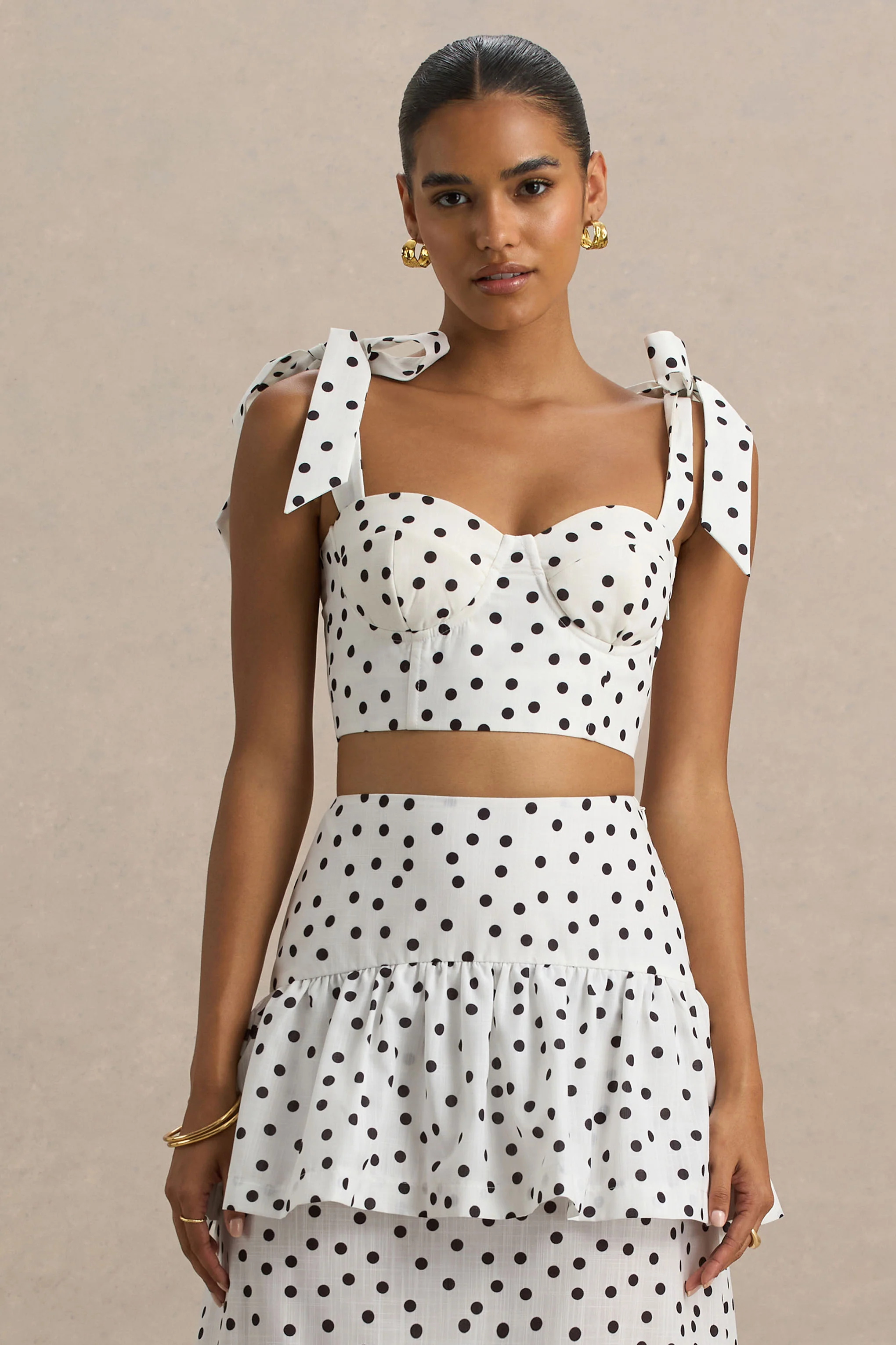 Lumen | White Polka Dot Corset Sweetheart Top With Bow Straps