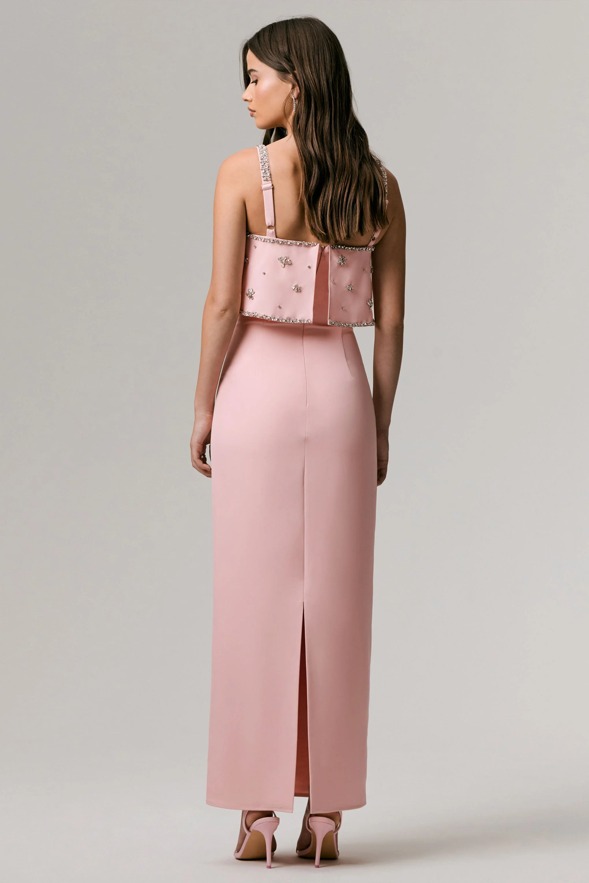 Scarlet | Pale Pink Square-Neck Embellished Maxi Dress