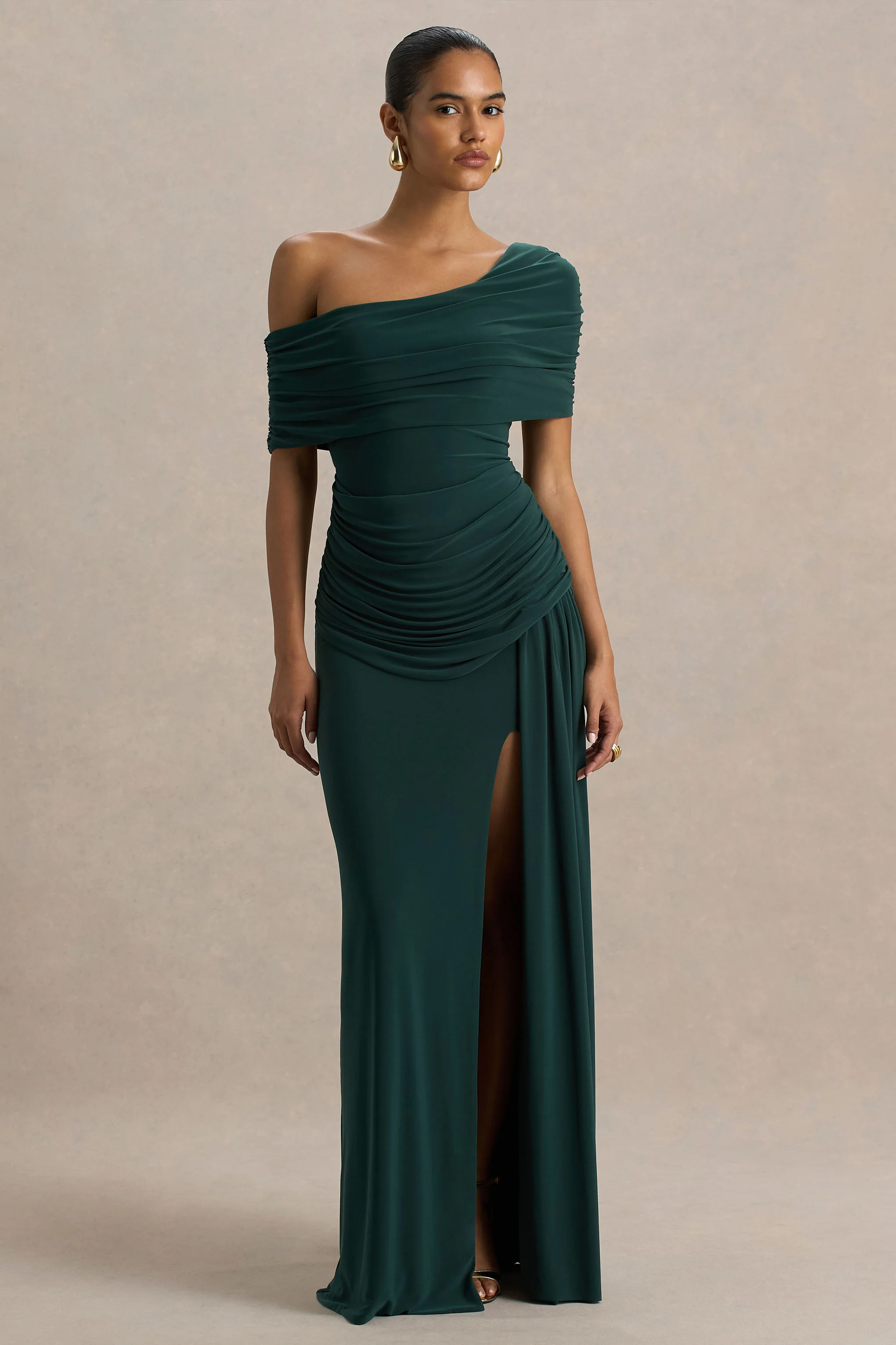 Dynasty | Dark Green Asymmetric-Neck Maxi Dress With Ruched Detailing And Front High-Split