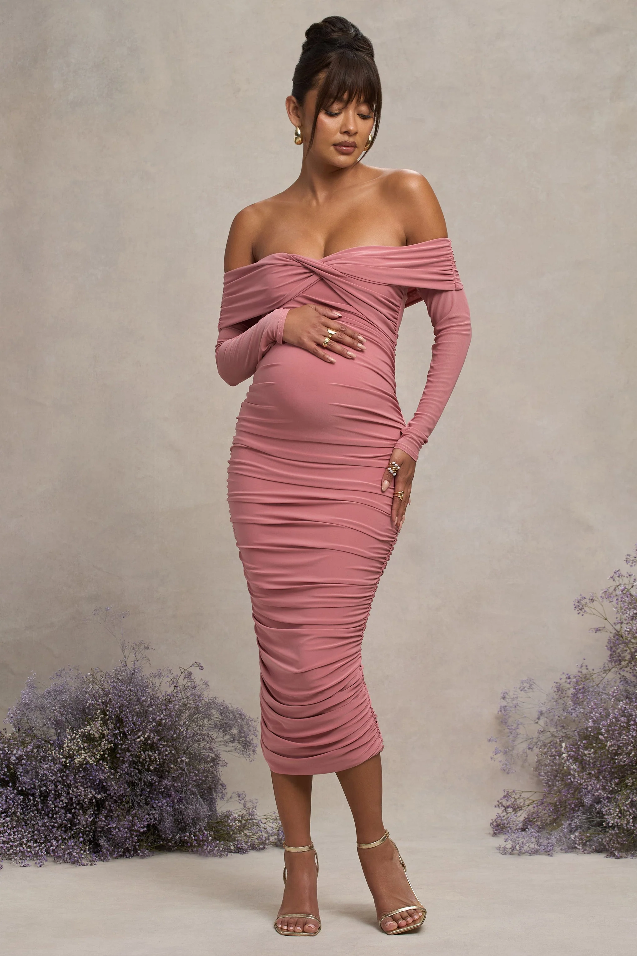 Neva | Blush Bardot Twist Maternity Midi Dress