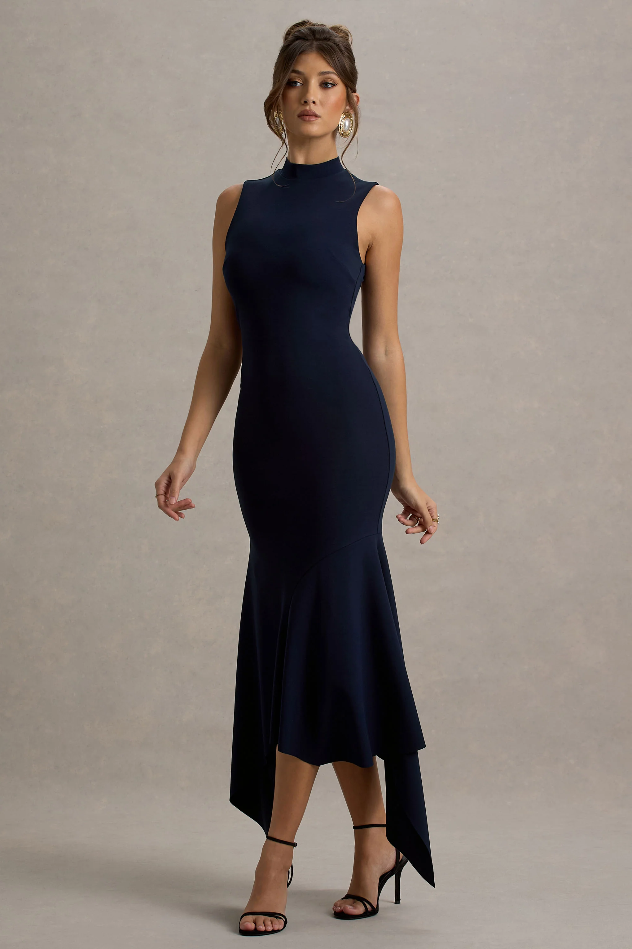 Janice | Navy High-Neck Hanky-Hem Maxi Dress