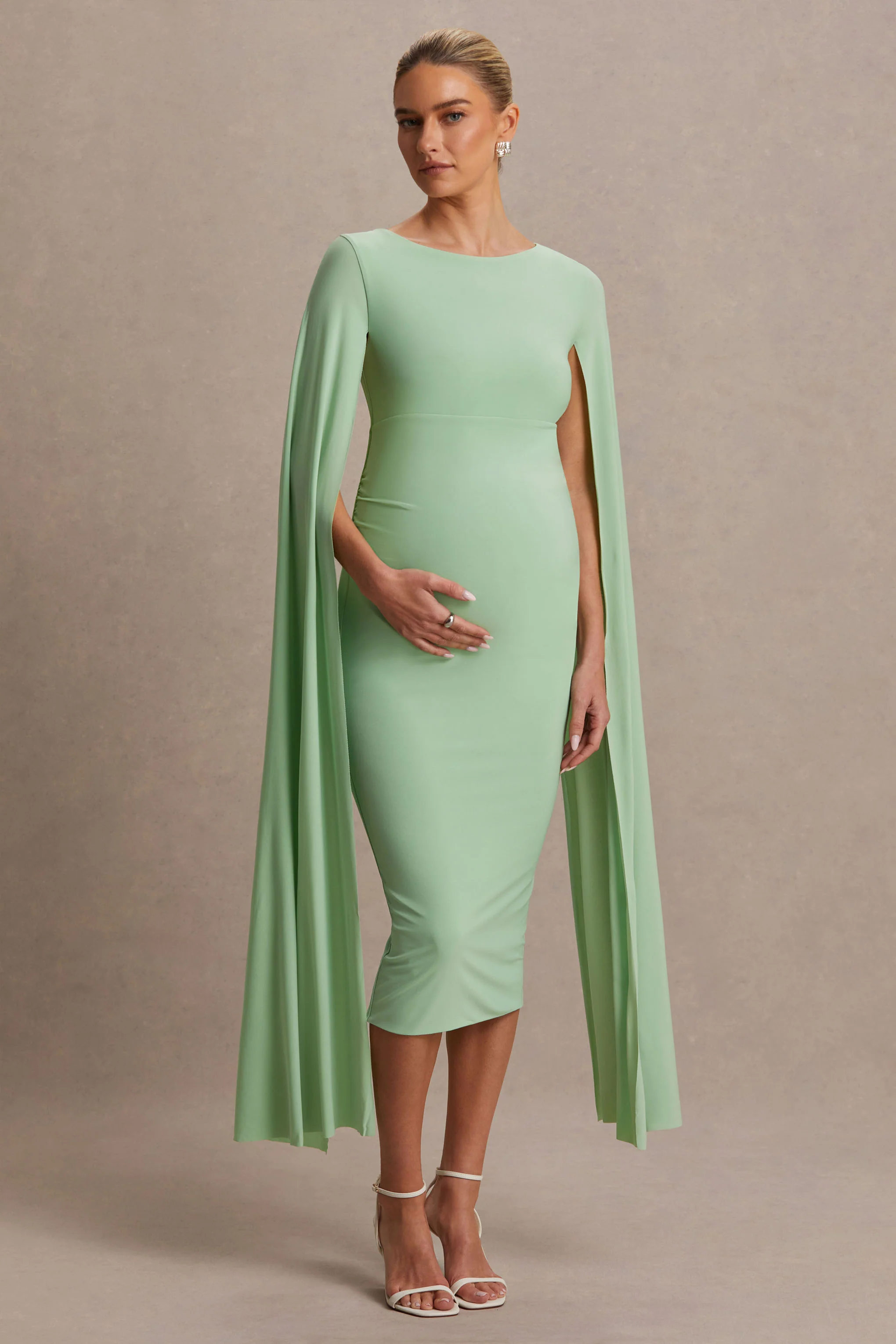 Providence | Light Green High-Neck Maternity Midi Dress With Cape Sleeves