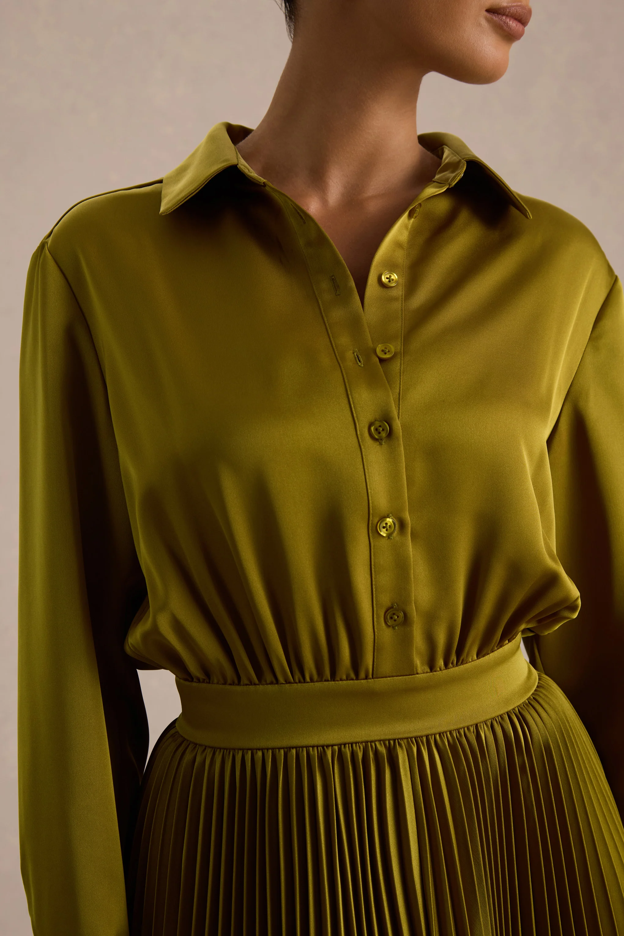 Naxos | Olive Satin Maxi Shirt Dress