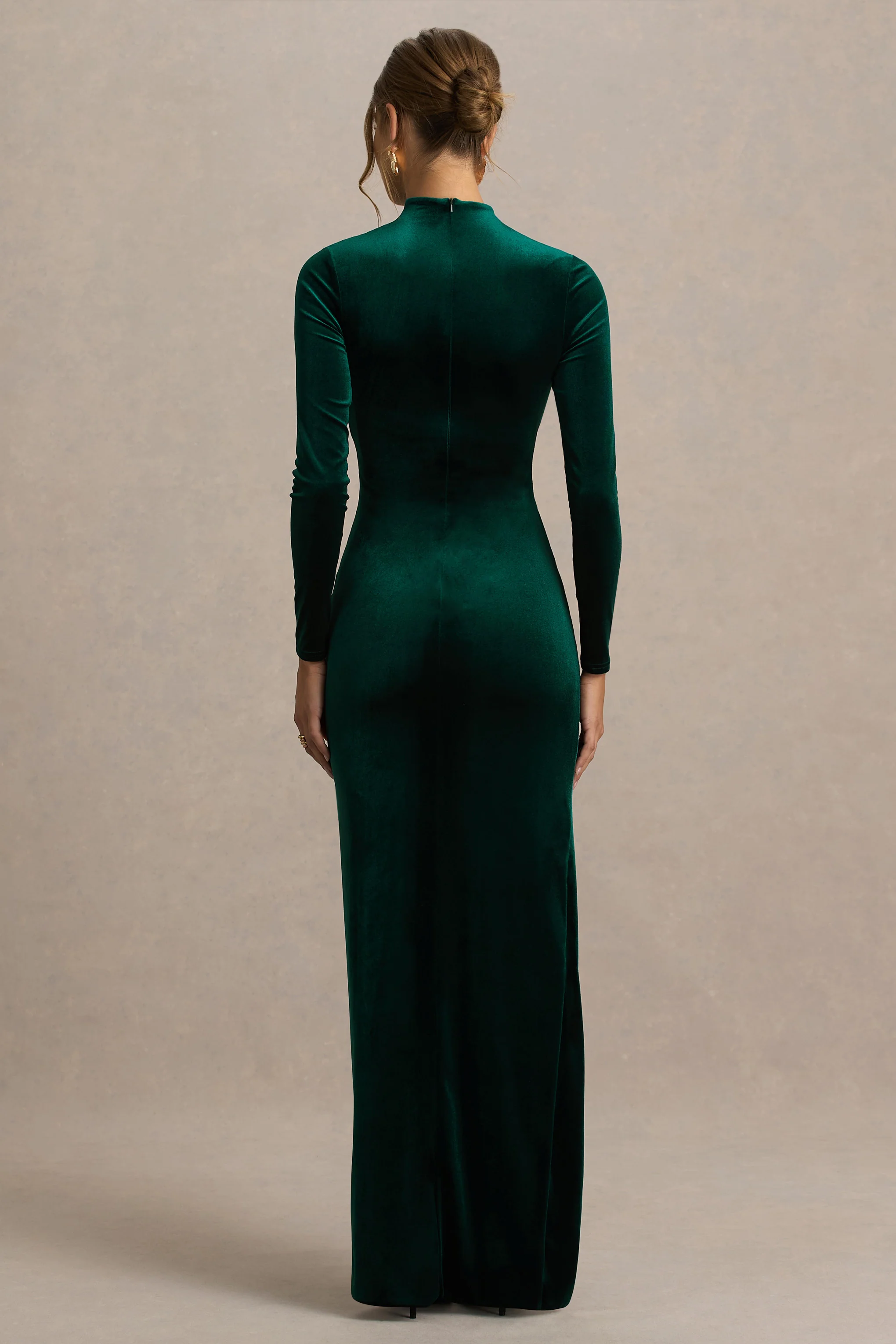 Wishes | Bottle Green Velvet High-Neck Maxi Dress With Wrap Skirt