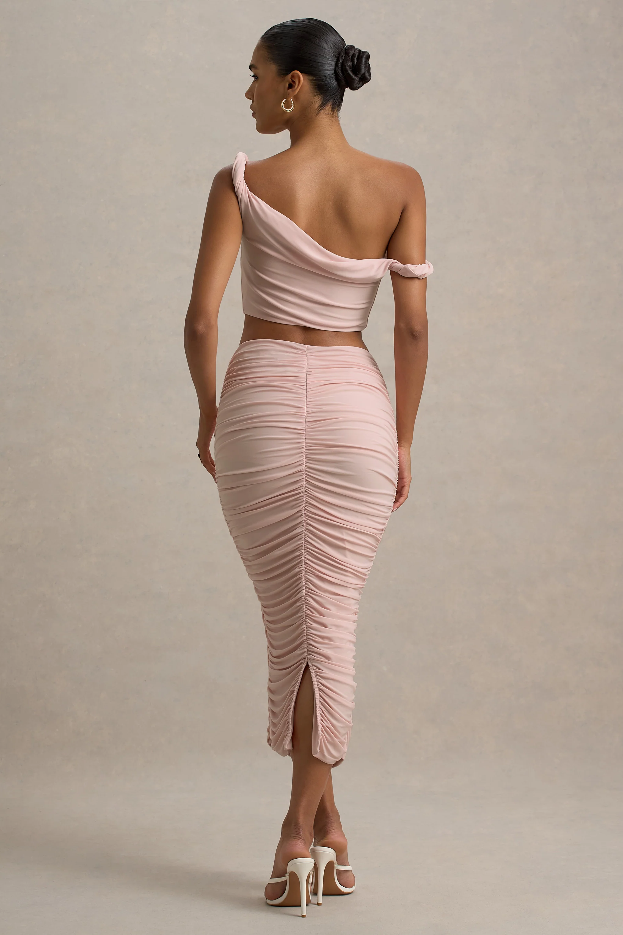 Lively | Light Pink Ruched Midi Skirt