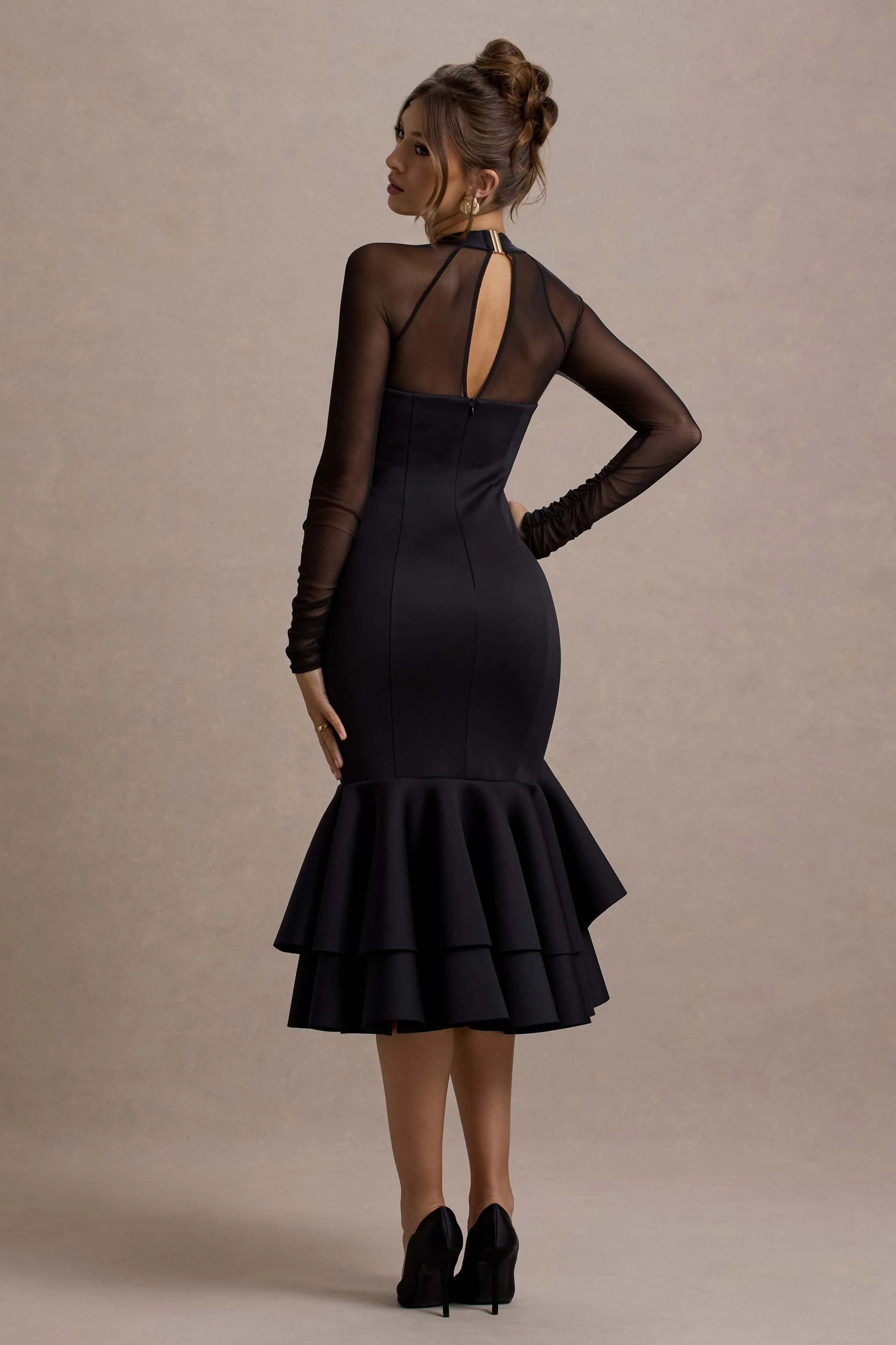 Sander | Black Mesh Long-Sleeve Ruffle-Hem Midi Dress