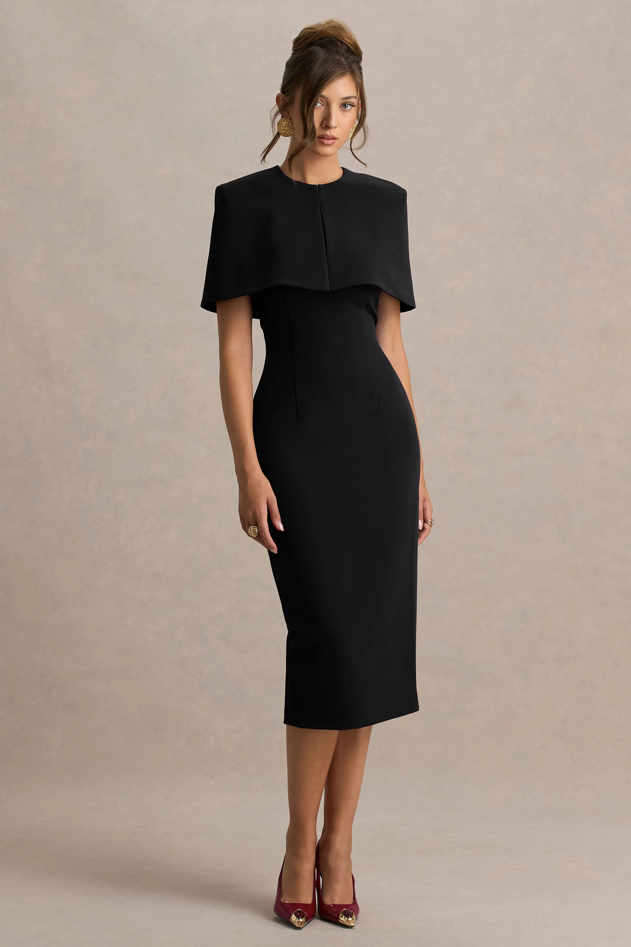 Baylor | Black Midi-Dress With Cape-Detail