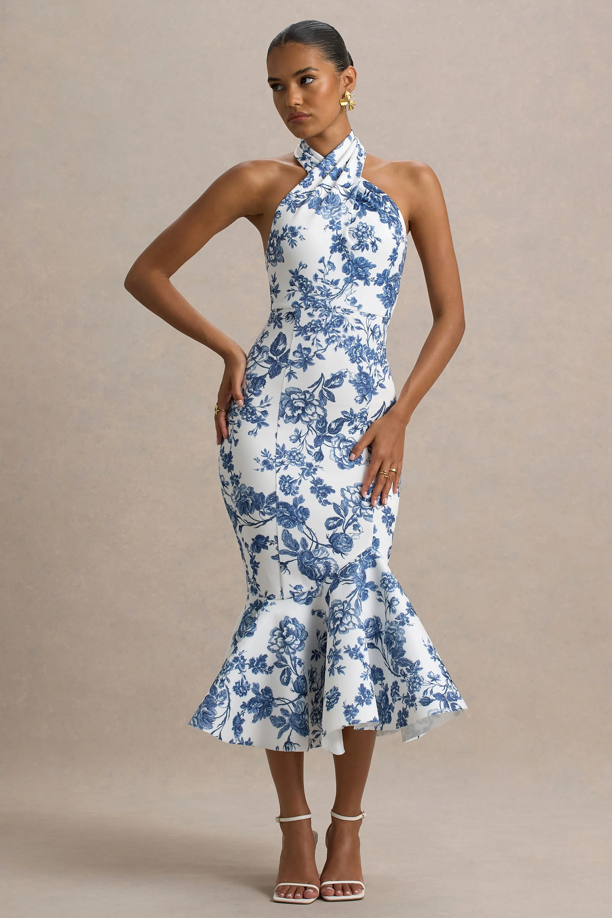 Sonoma | Blue Porcelain Print Halter-Neck Ruffle-Trim Midi Dress