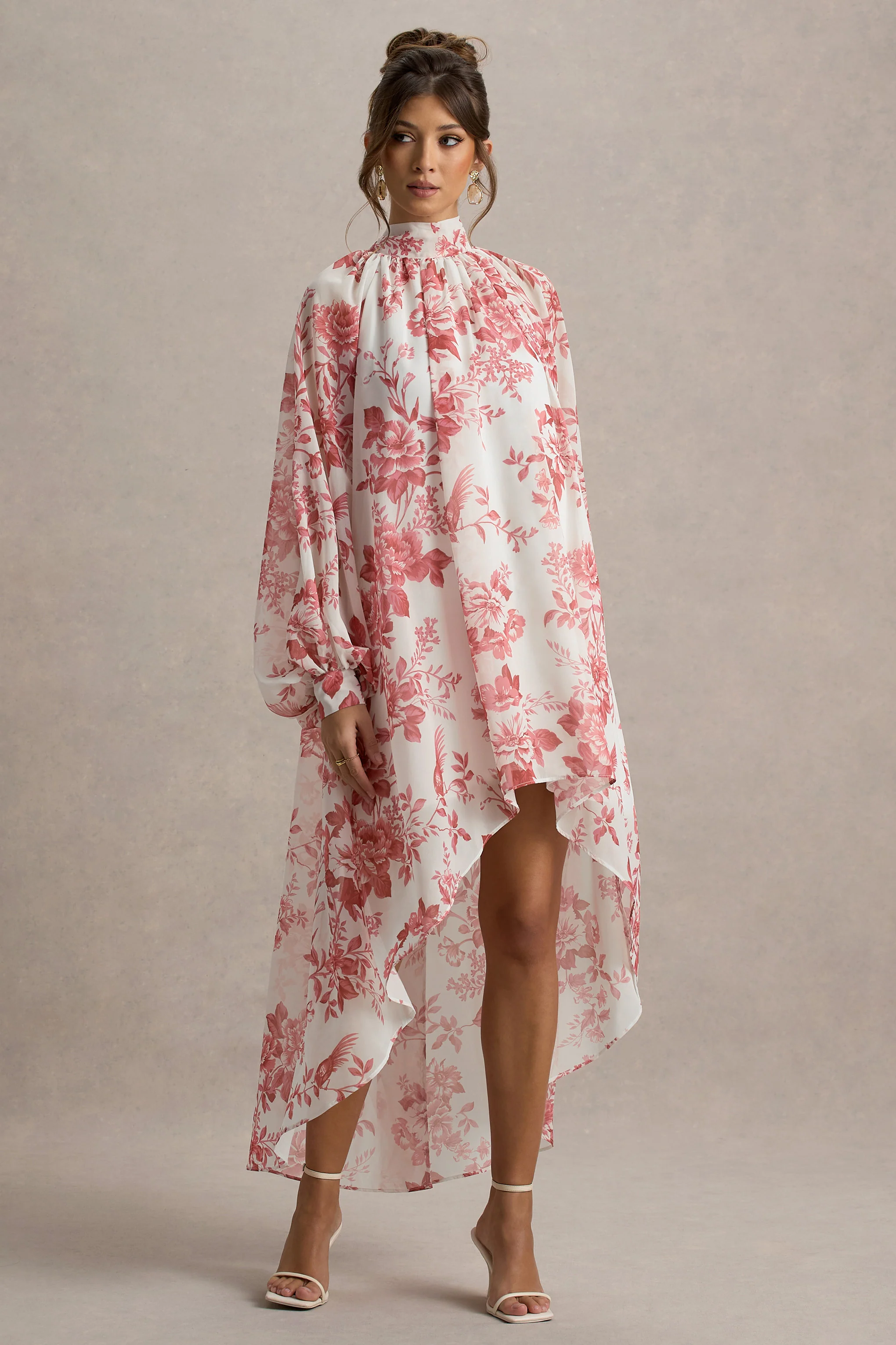 Delphia | Pink Porcelain Print High-Neck Maxi Dress With High-Low Hem