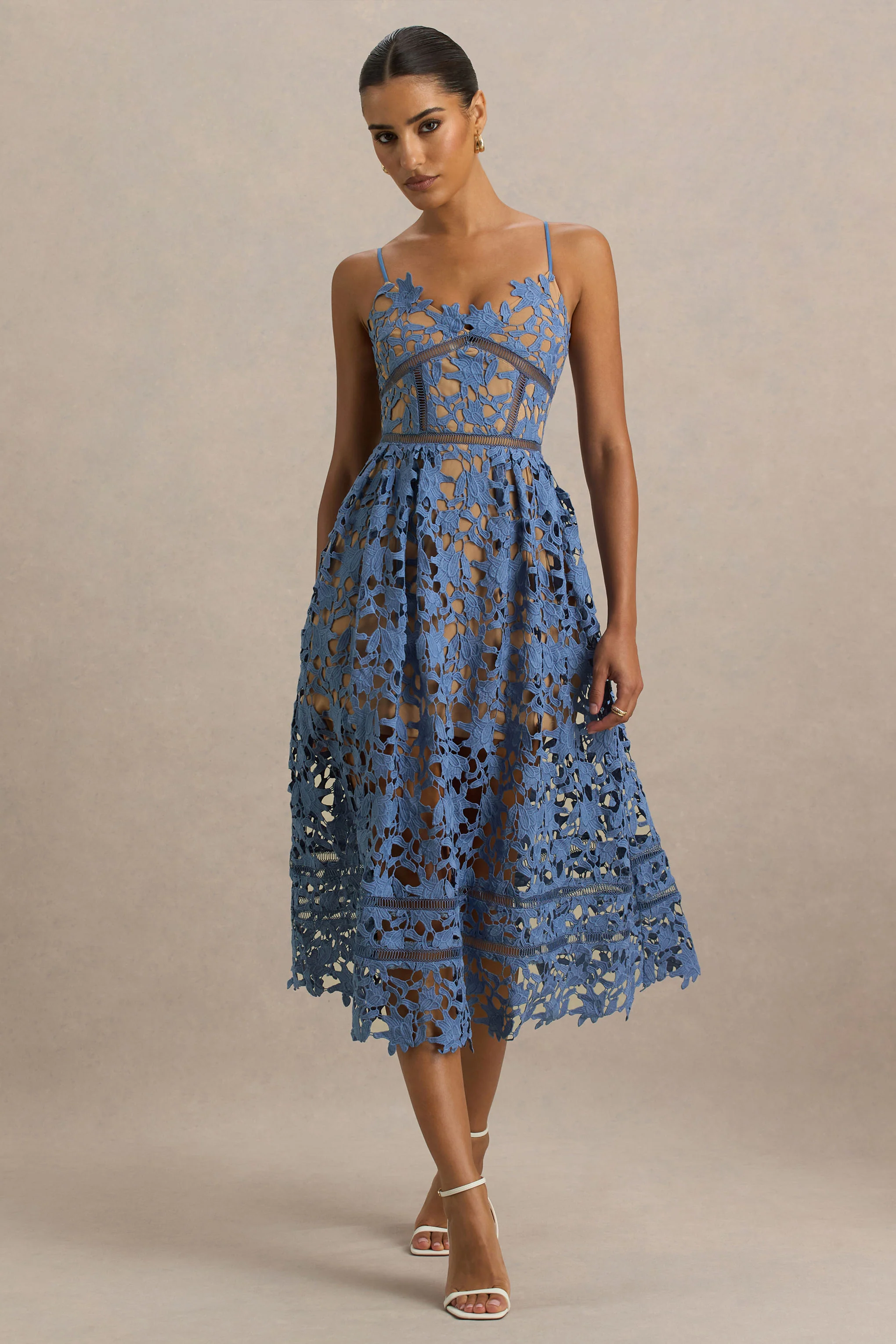 Zuri | Blue Lace Sweetheart Midi Dress With Cami Straps