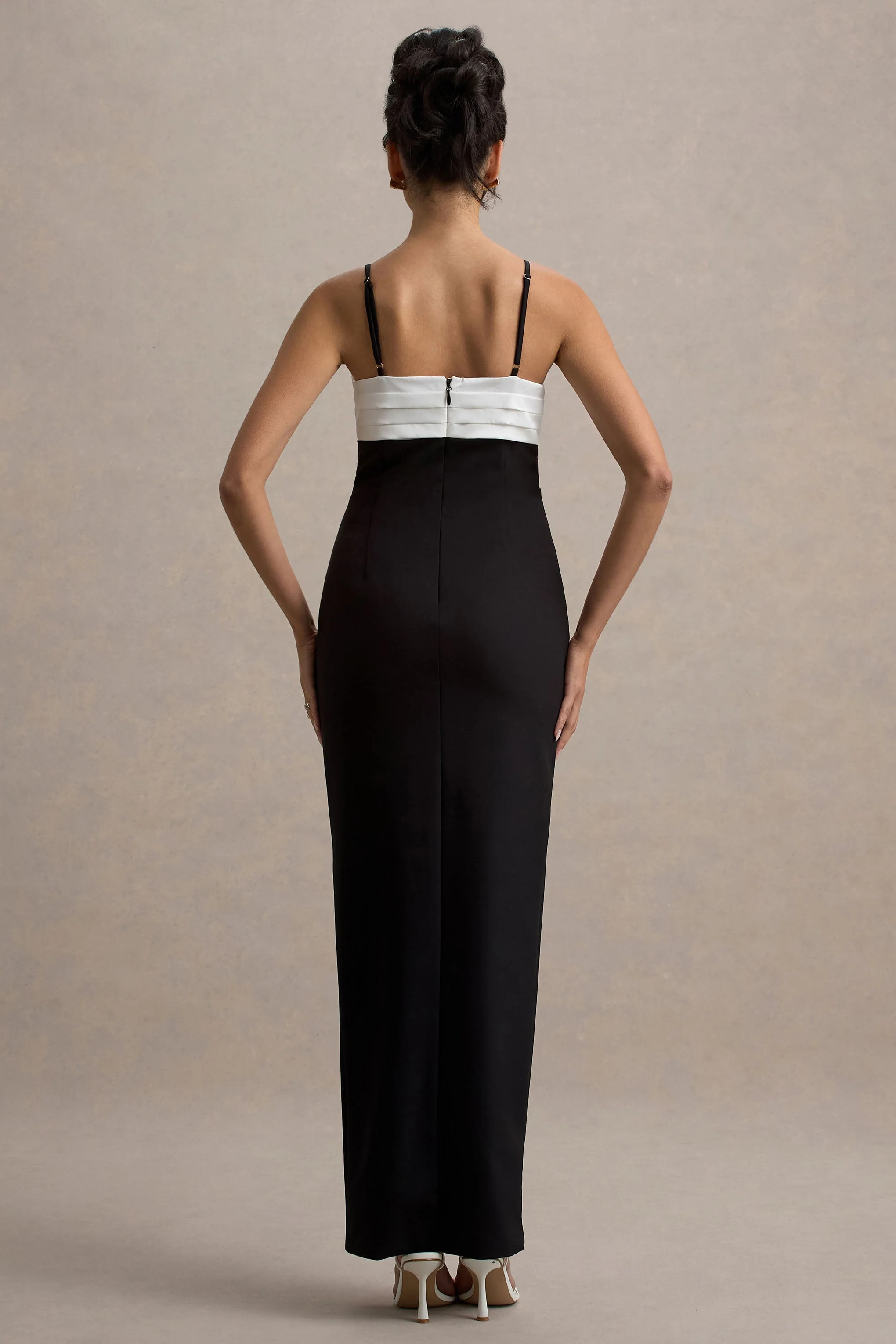 Rosalind | Black & White Strappy Tailored Maxi Dress With Split