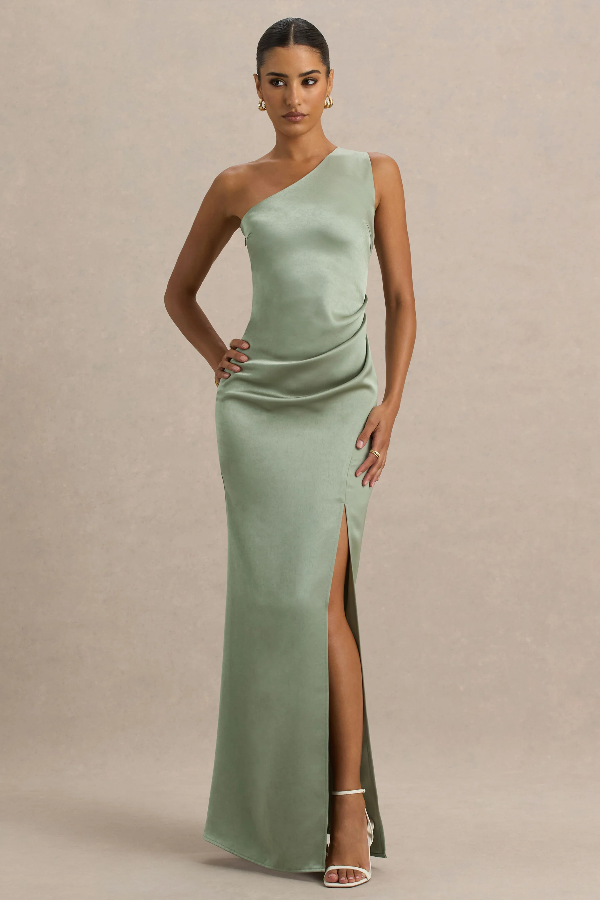 Beth | Sage Asymmetric Neckline High-Split Maxi Dress