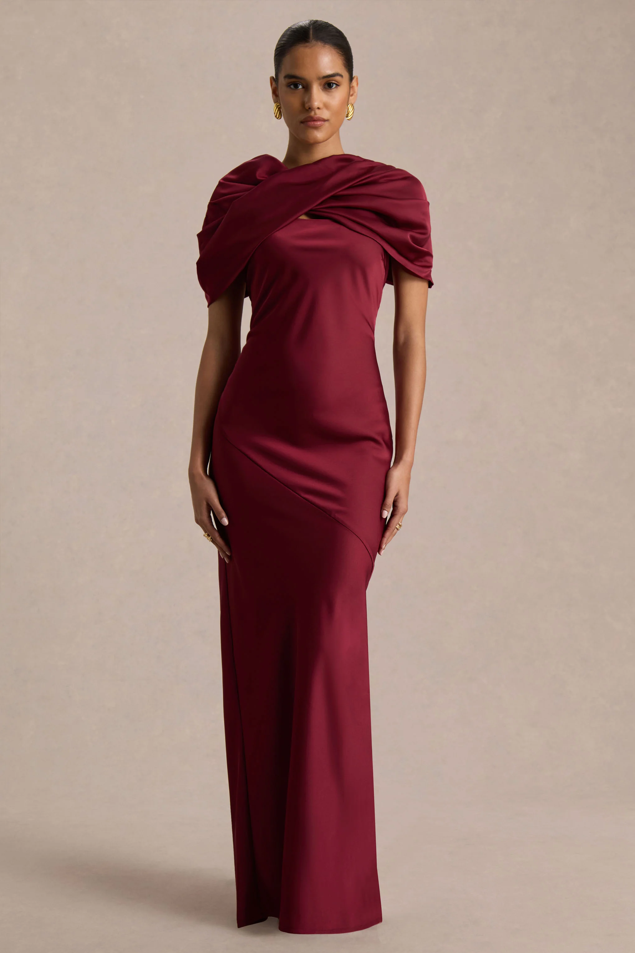 Yoli | Burgundy Satin Maxi Dress With Twist-Cape