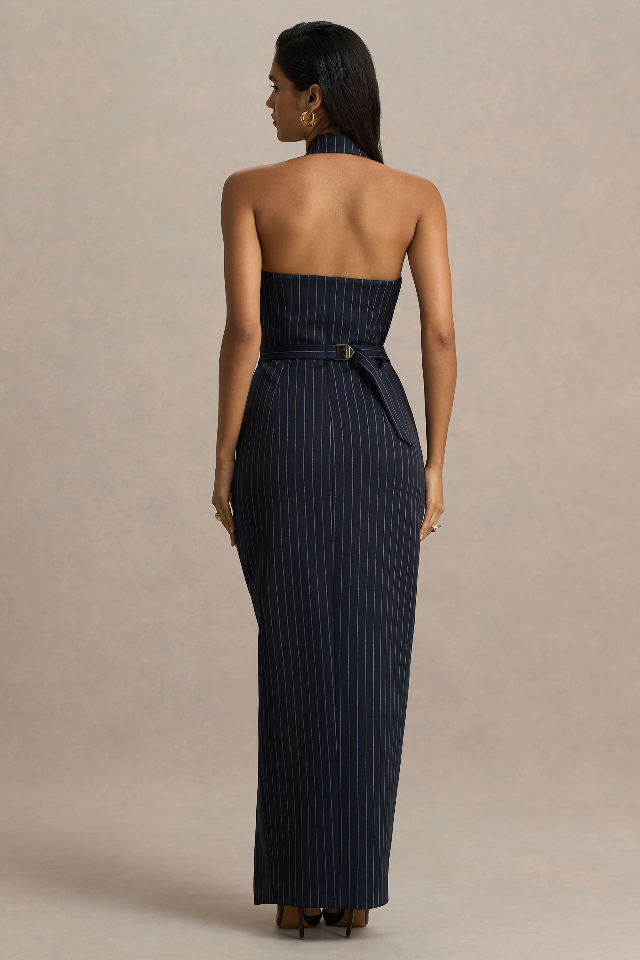 Eve | Navy Pinstripe Plunge-Neckline Tailored Maxi Dress
