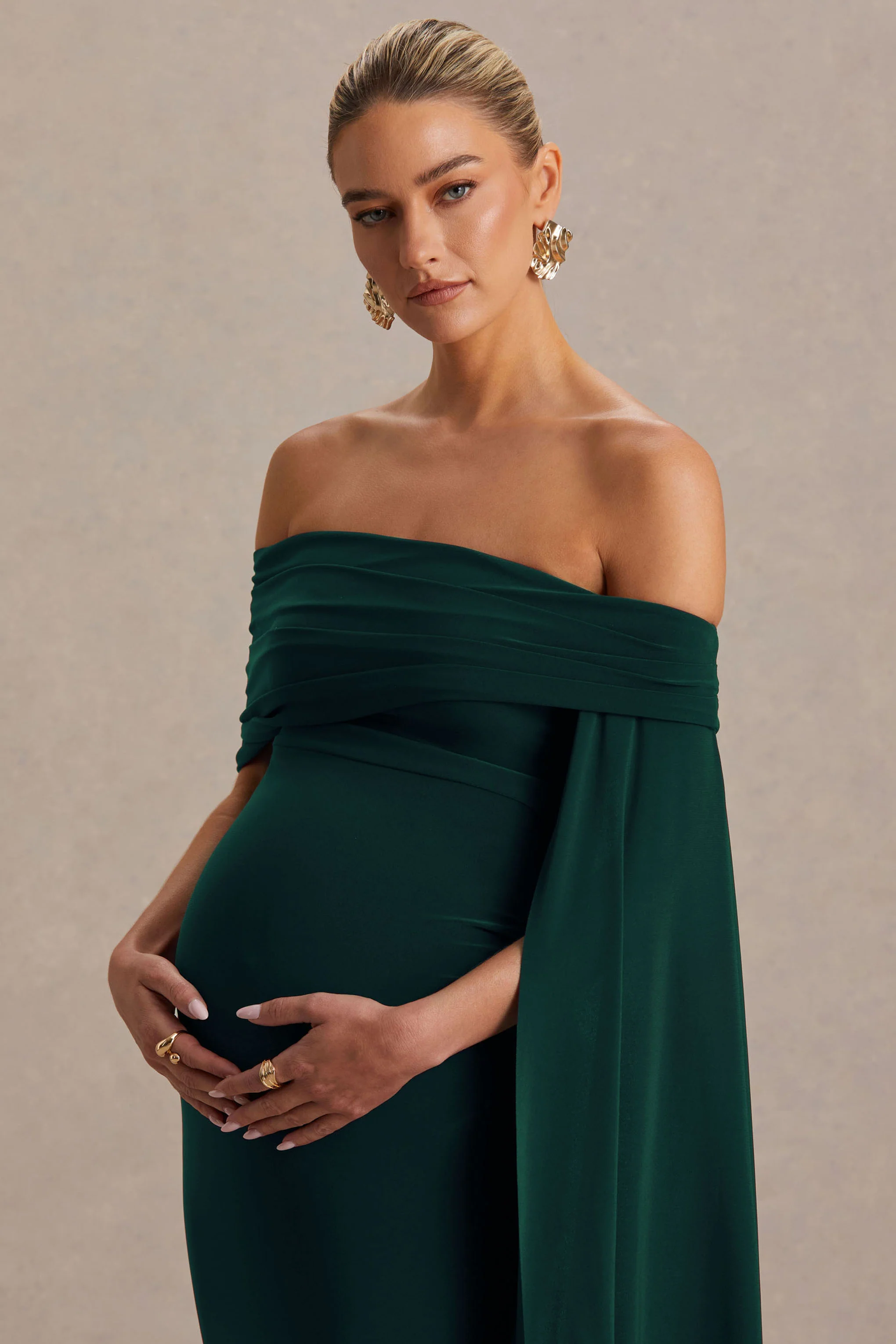 Aquila | Bottle Green Bardot Maternity Maxi Dress With Drape Sleeve