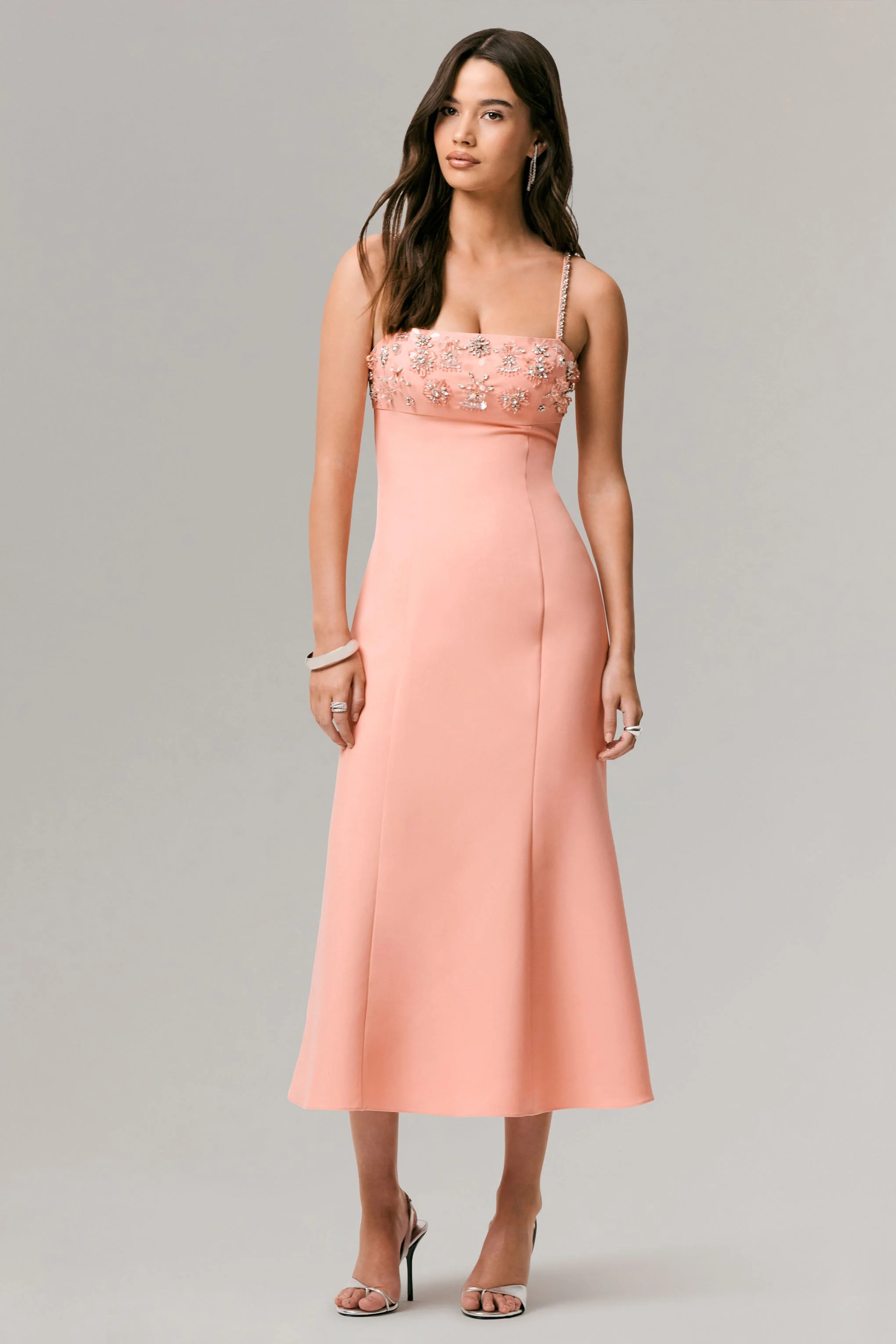One To Remember | Coral Square-Neck Embellished Midi Dress