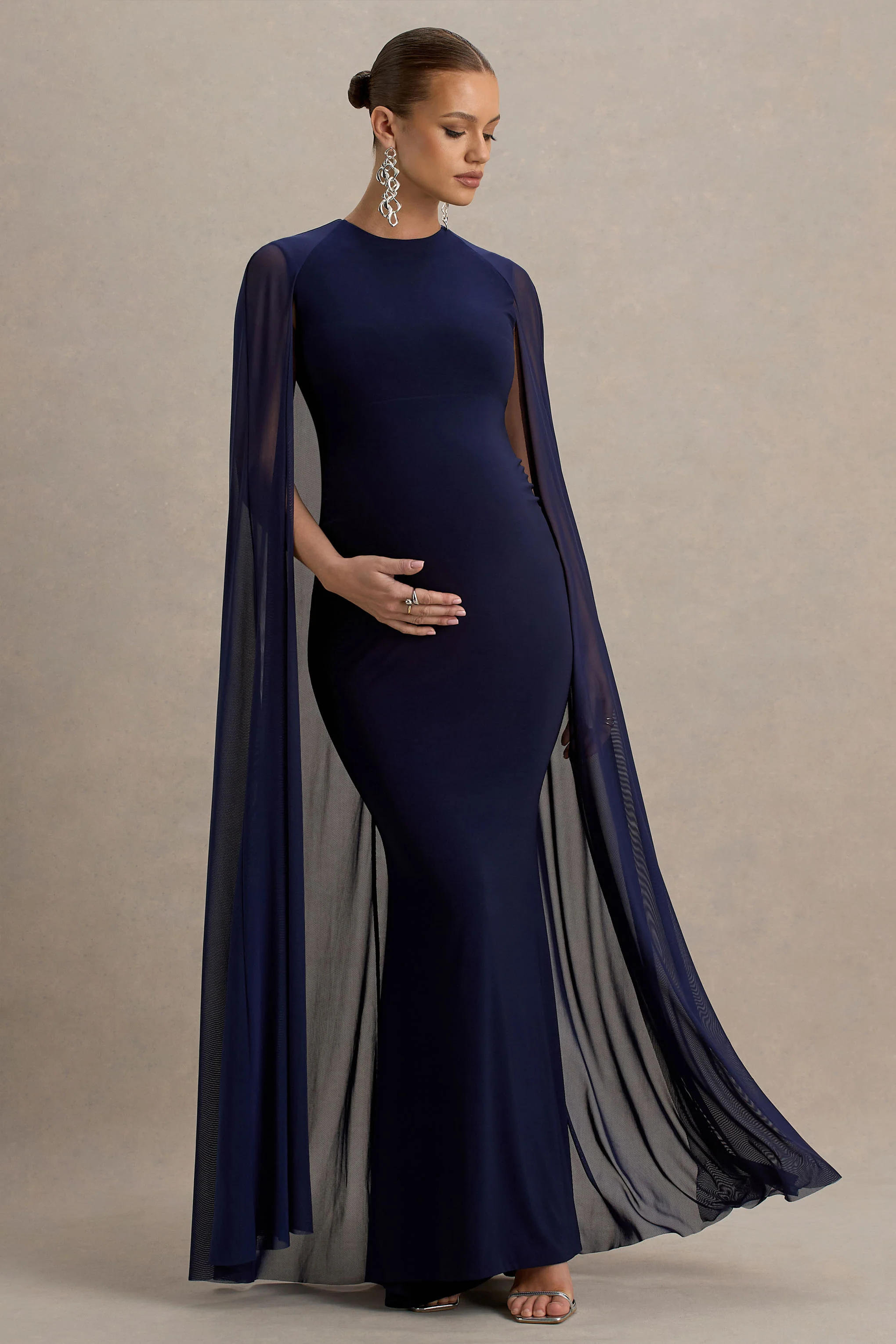 Currant | Navy High-Neck Maternity Maxi Dress With Cape