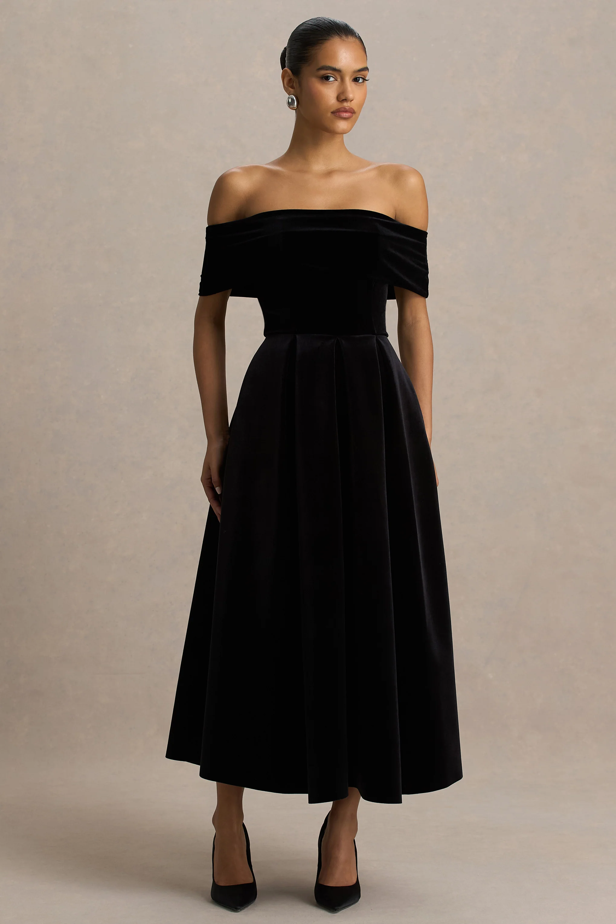Ablaze | Black Velvet Bardot-Neck Maxi Dress