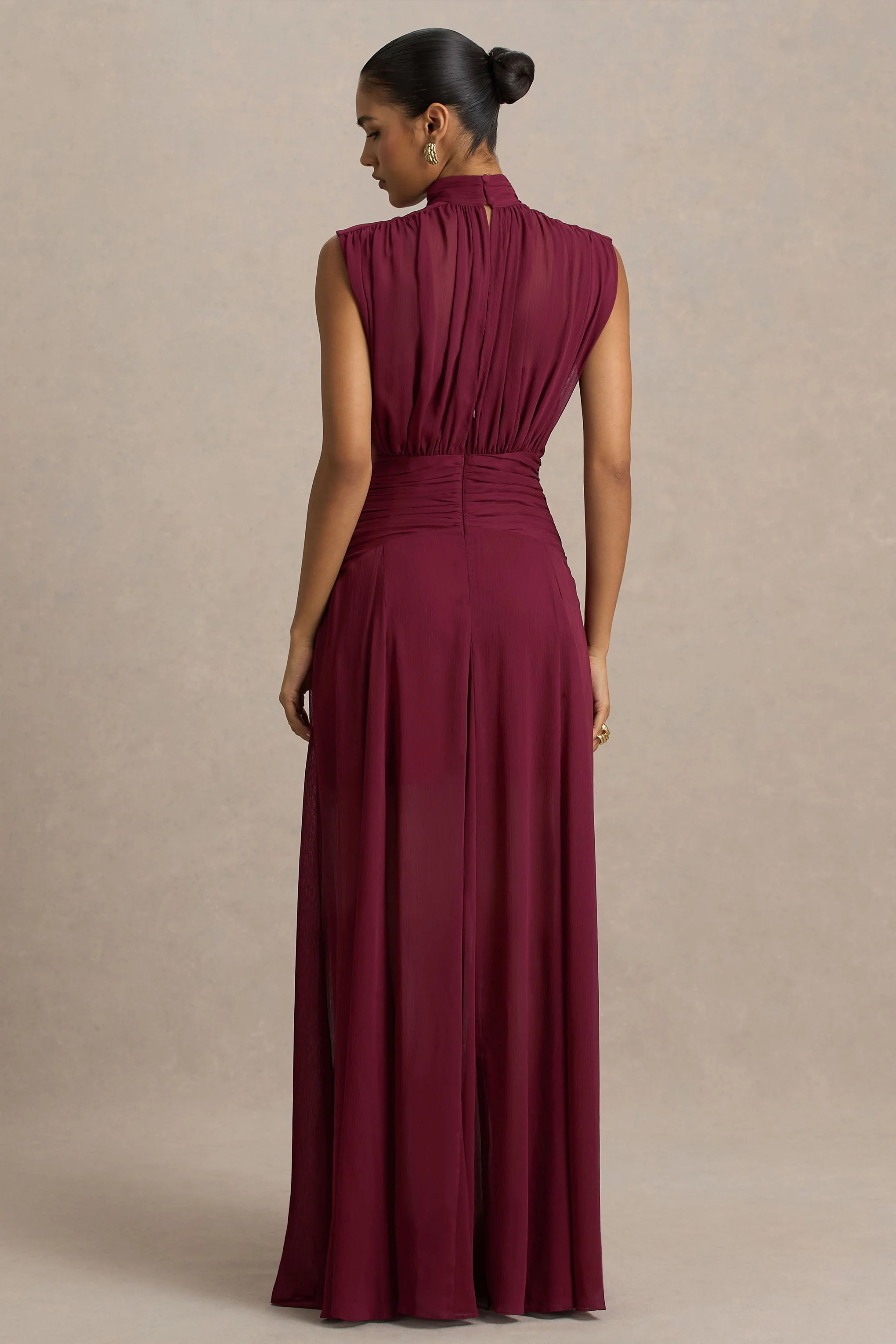 Melanina | Burgundy High-Neck Maxi Dress With Ruched Detailing