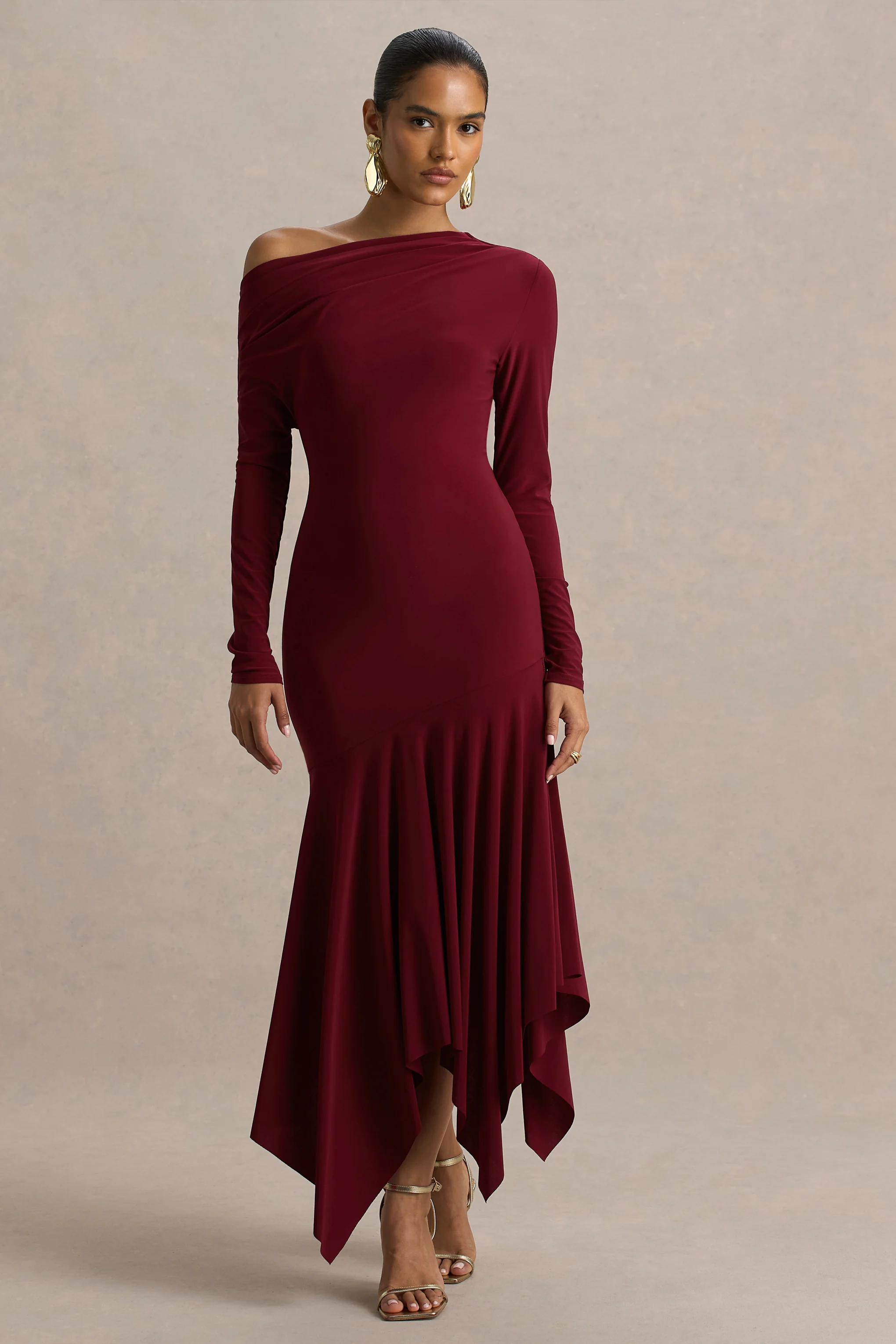 Isola | Burgundy Asymmetric-Neck Midi Dress With Drop-Waist