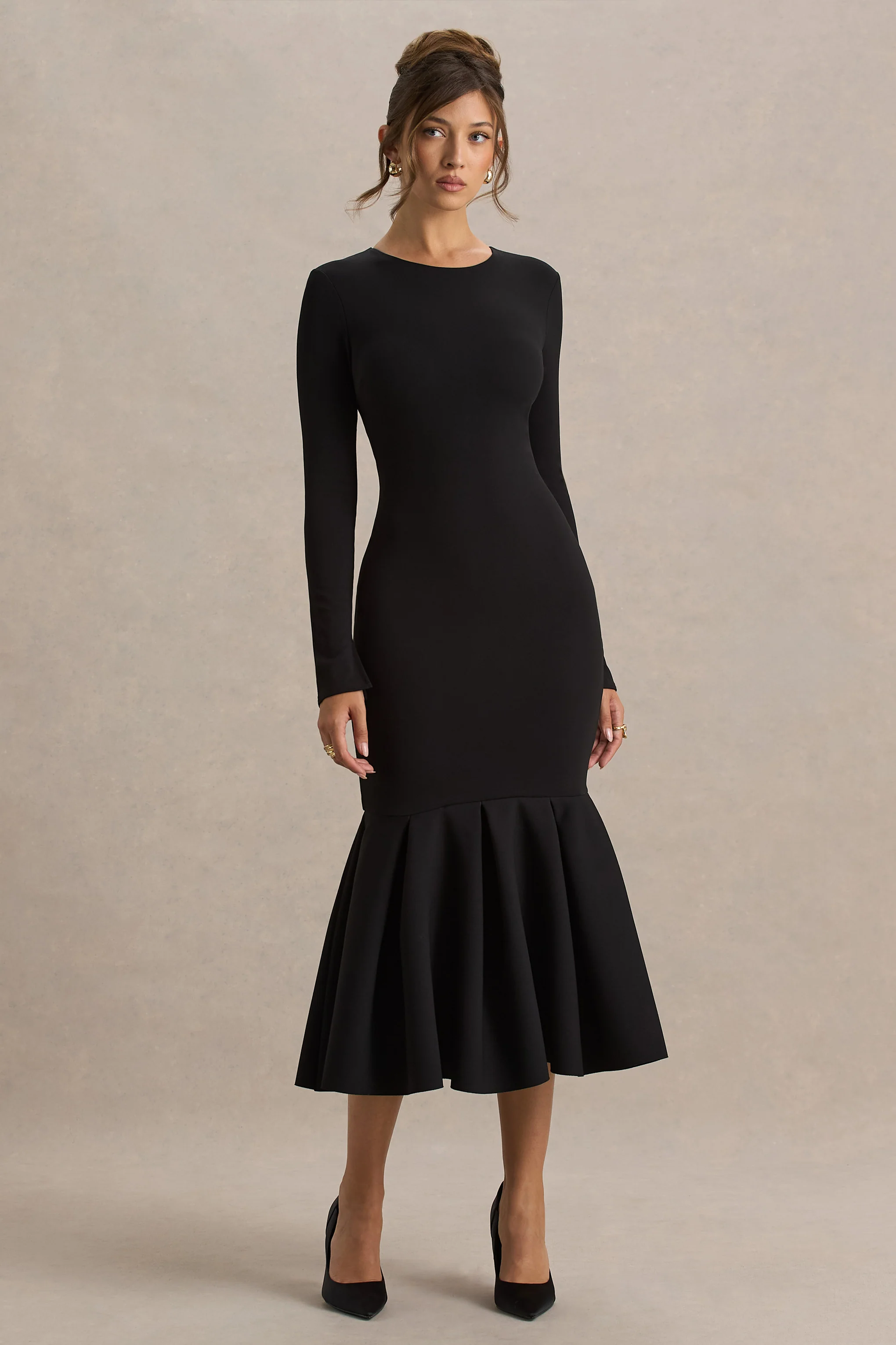 Liberty | Black High Neck Mermaid Maxi Dress With Ruffling Detail