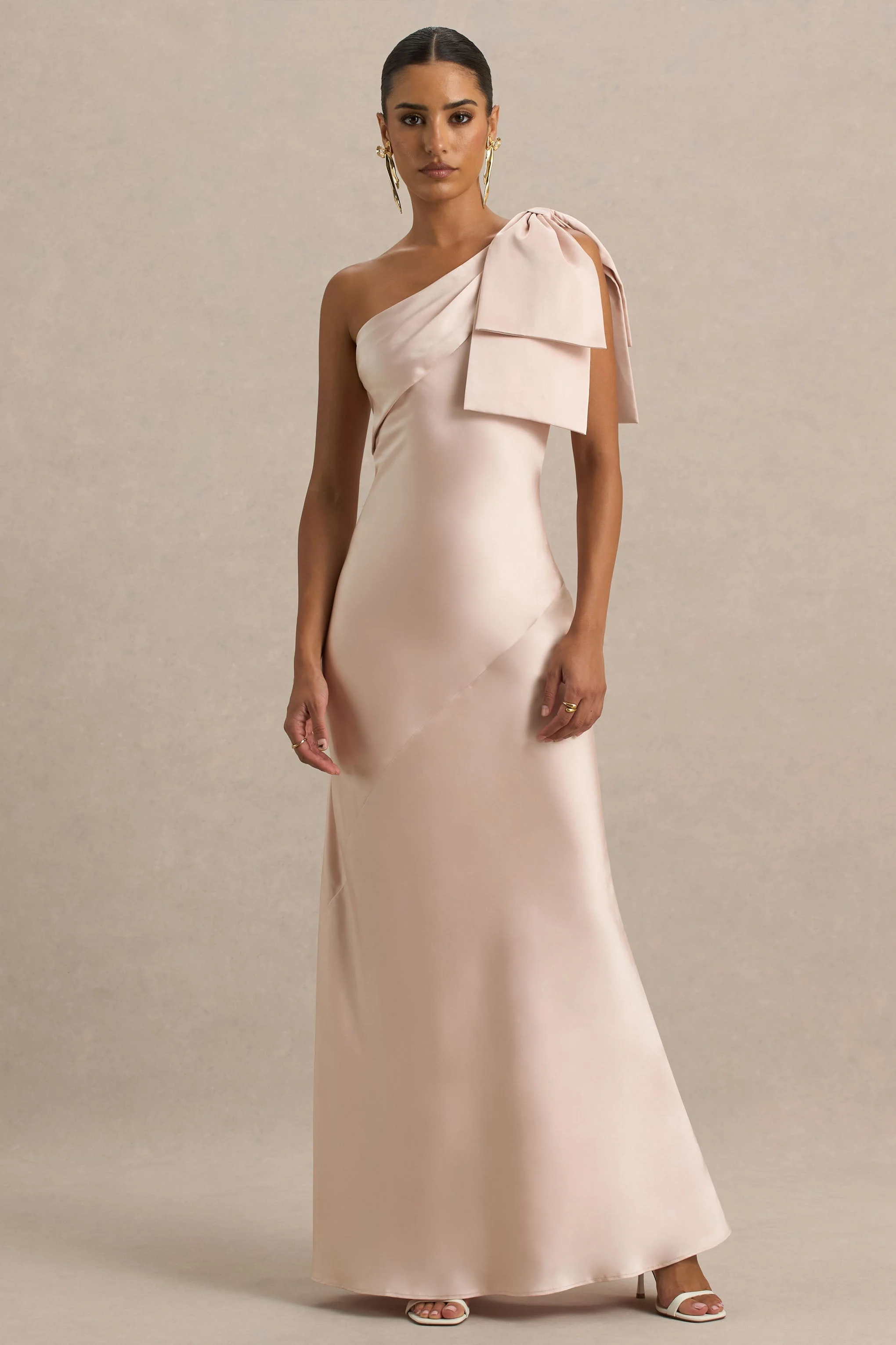 Valerie | Light Pink Satin Asymmetric-Neck Maxi Dress With Bow Detail